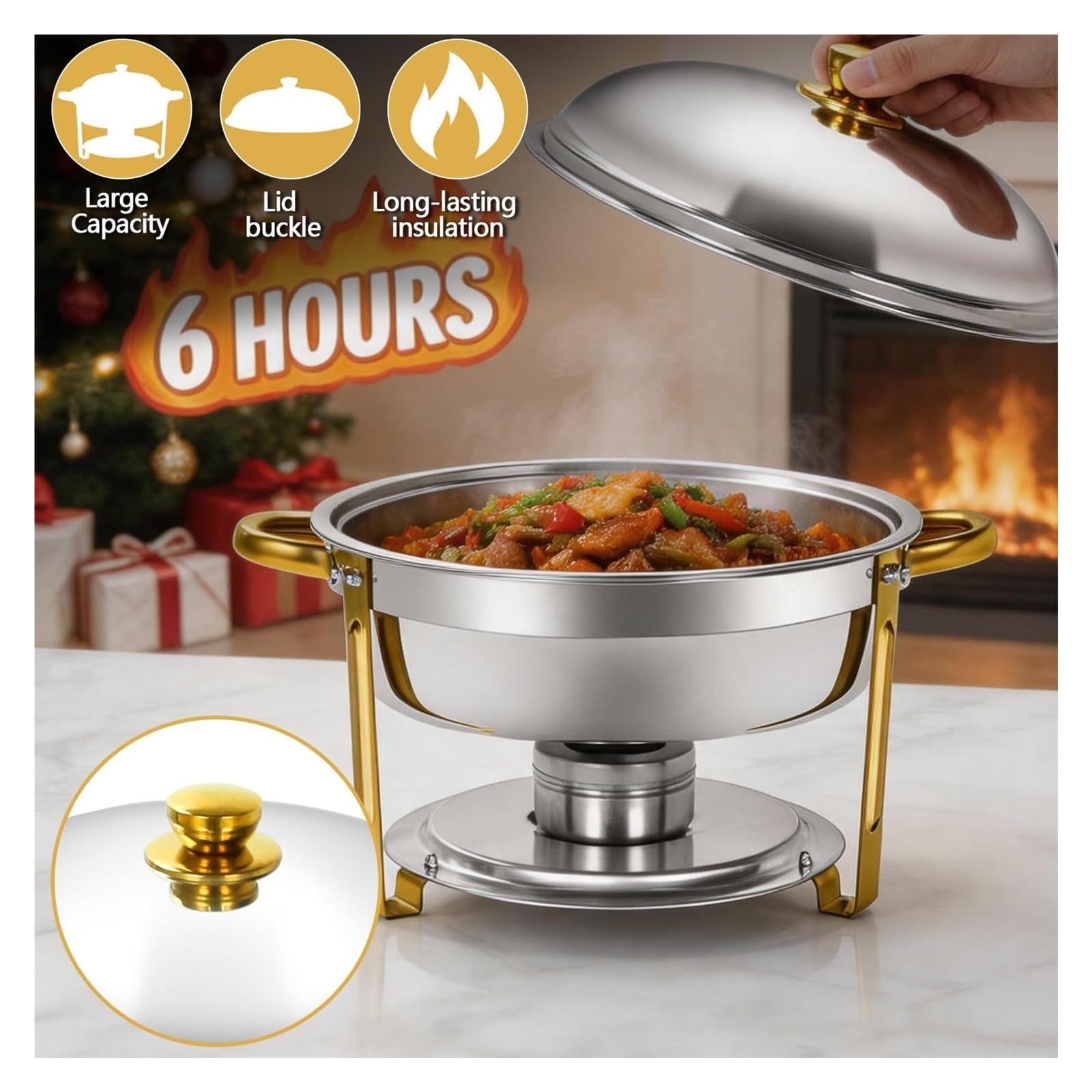 Platos de frotamiento for Buffet Plato de frotamiento Redondo | Apto for lavavajillas, Calentamiento de calidad alimentaria, Servicio de buffet, Uso comercial(Full gold)