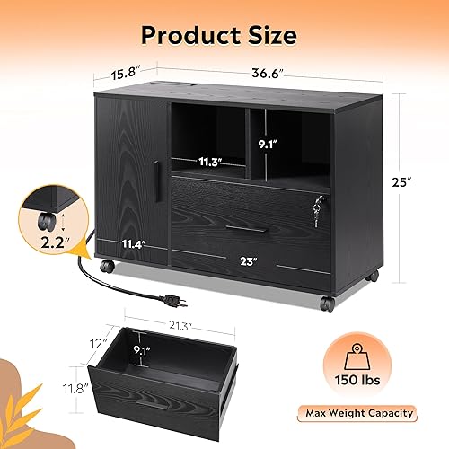 Miniatura 3 de DEVAISE - Archivador con estación de carga, archivadores laterales de 1 cajón con cerradura para oficina en casa, soporte rodante de madera para