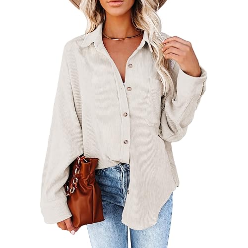Astylish Women Corduroy Shirts Casual Long Sleeve Button Down Blouses Top