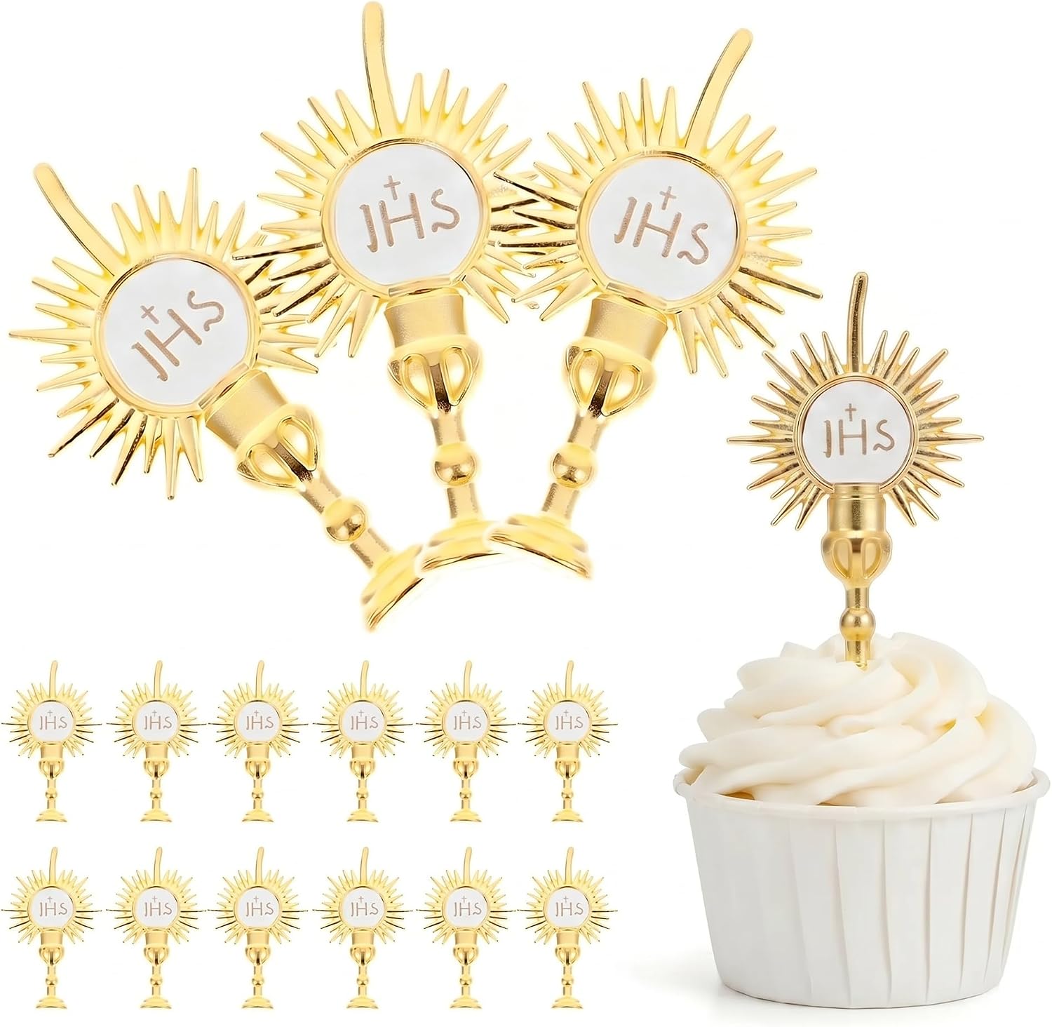 POPETPOP 24Pcs First Communion Cupcake Toppers, JHS Monstrance Catholic Cake Picks, Gold Religious Decorations for Catholic Baptism, Christening and Confirmation Party