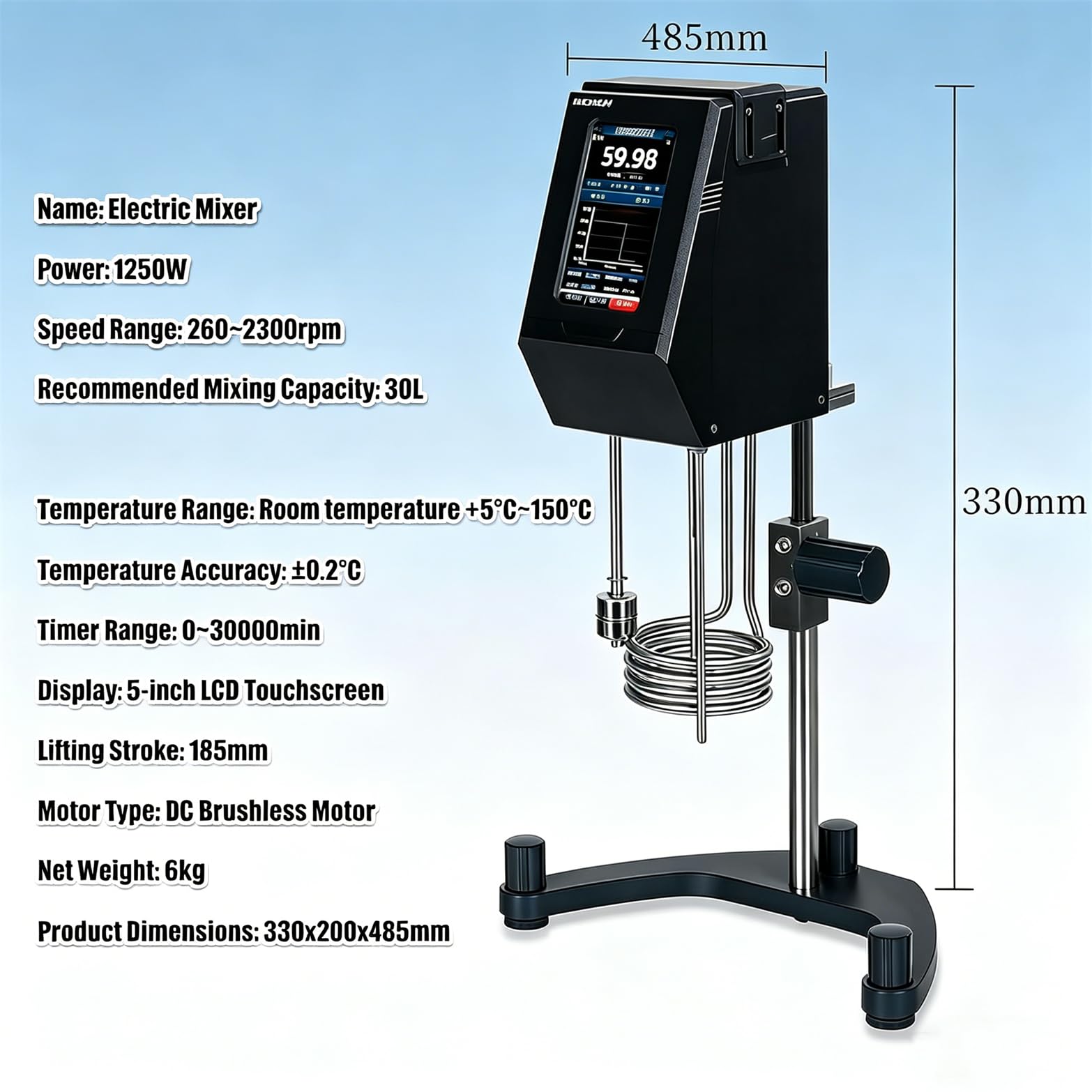 Elektryczne mieszadło napowietrzne 1250 W, maks. 30 l, 260-2300 obr./min, cyfrowy mikser laboratoryjny LCD z regulowanym czasem i prędkością, precyzyjna kontrola temperatury do kosmetyków i materiałów