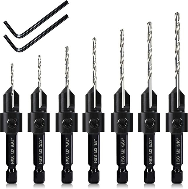 7 Pack Countersink Drill Bits Set, Wood Drill Countersink Counterbore 3in1, Three 82-Degree Chamfer Cutters, M2 Counterbore Cutting Depth Adjustable, with 2 Allen Wrenches and 6mm Hex Shank