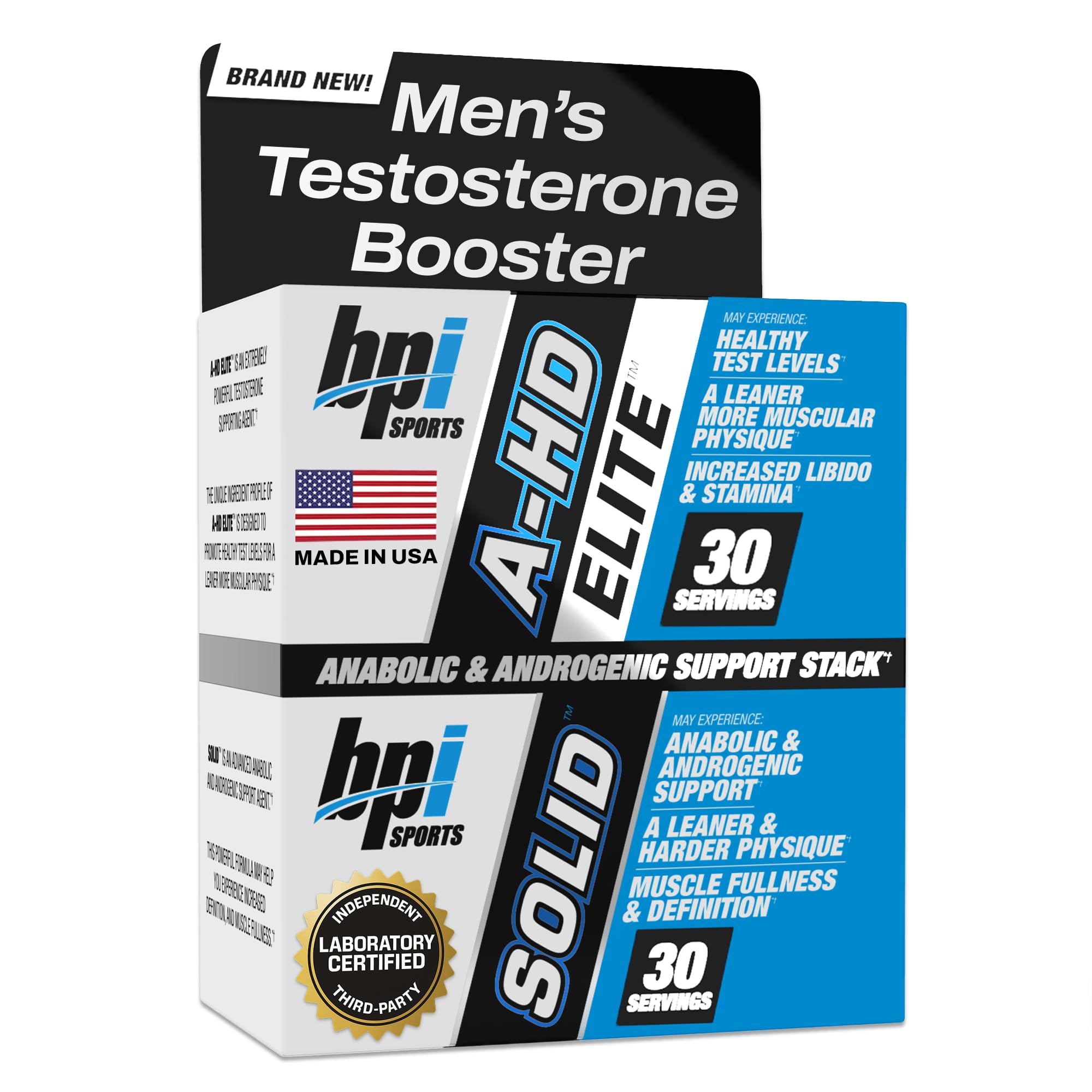 BPI Sports A-HD Elite/Solid Testosterone Booster for Men - Testosterone Supplement for Muscle, Strength, Libido & Performance Support - Promotes Natural Fat Loss – 30 Servings – 550mg