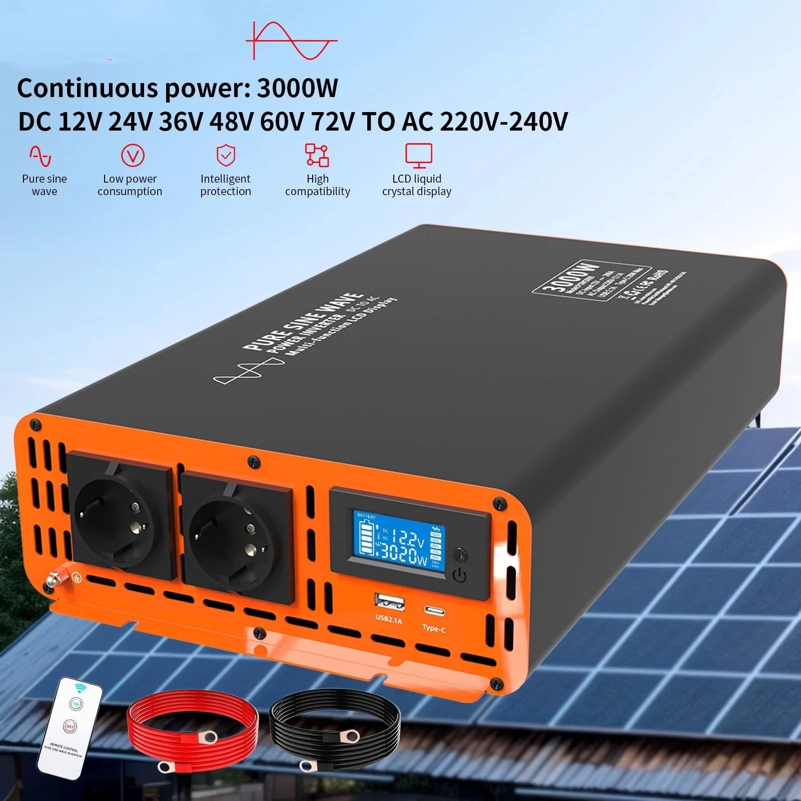 Convertitore Corrente Inverter A Onda Sinusoidale Pura Da 3000 W Ad Alta Potenza 12V 24V 36V 48V 60V A 230V Con Spina UE Supporto Per Controllo Remoto