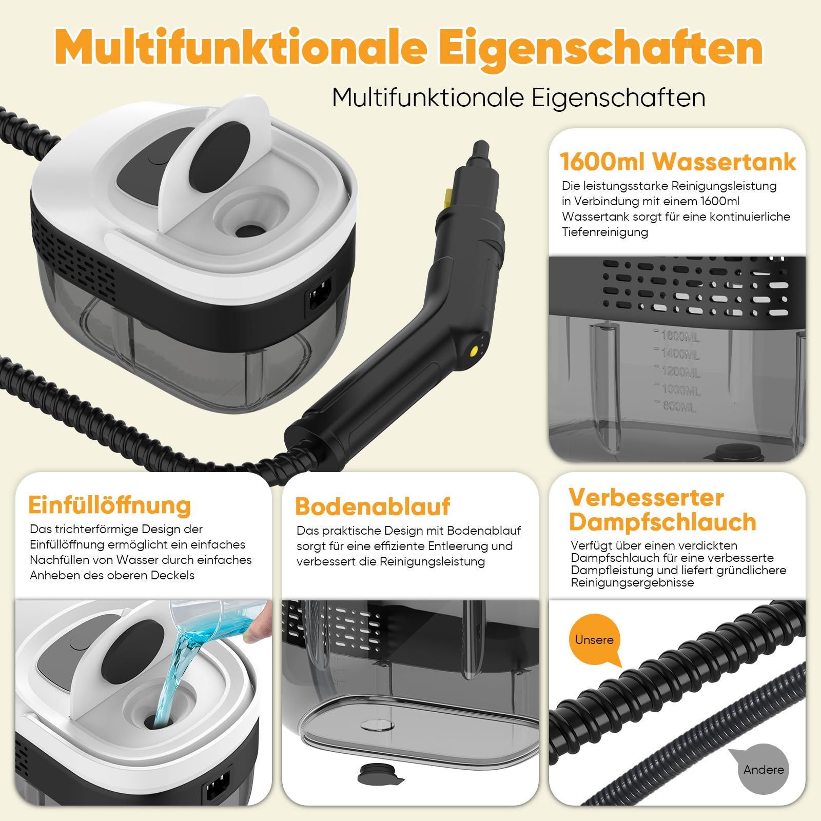 Dampfreiniger Mit 3 Stufig Verstellbarer Griff, Transportwagens, Mop, 1,6 L Wassertank, 15 Sekunden Aufheizzeit, 17 Zubehörteilen, für Boden, Küche, Fenstern,Badezimmern, Autos