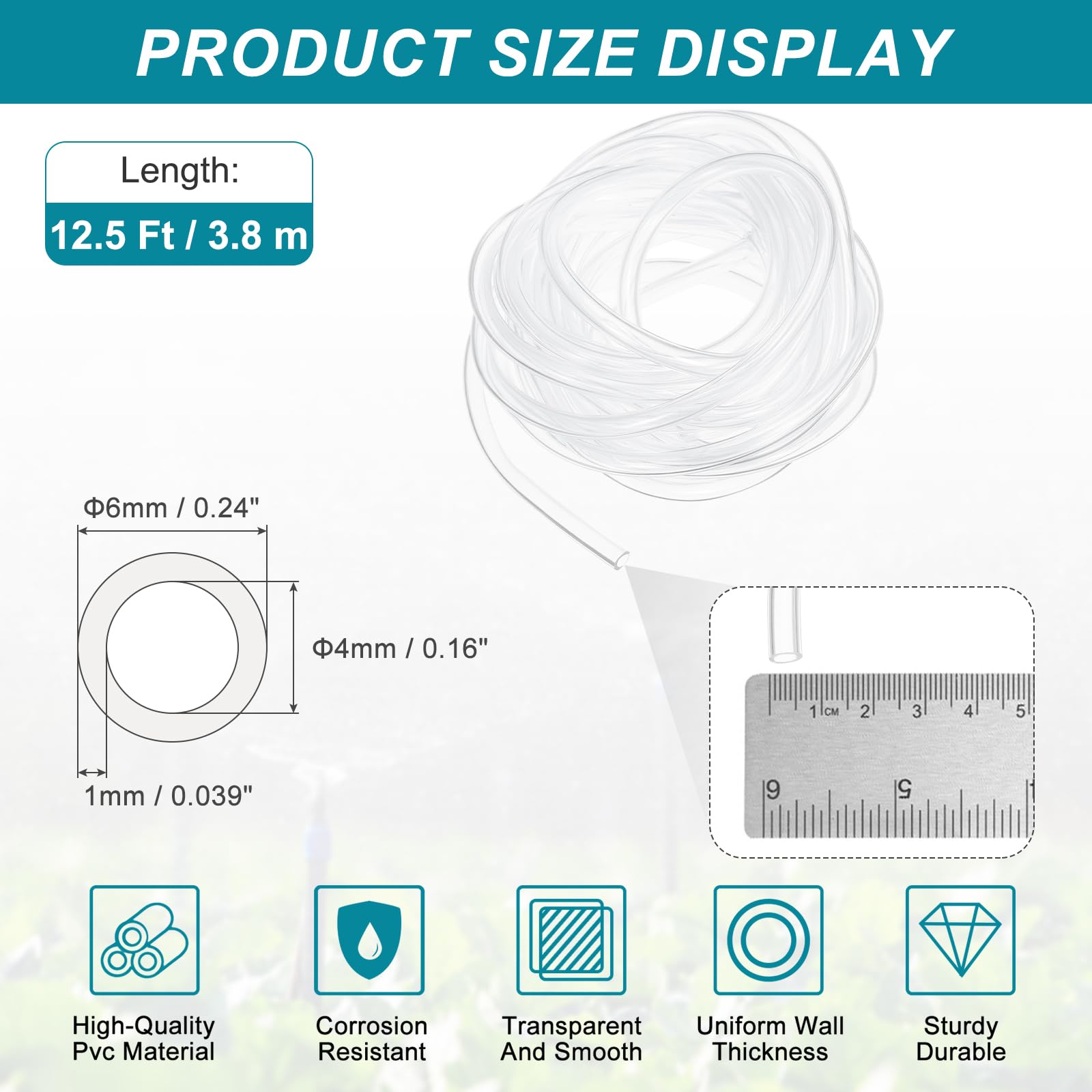 QUARKZMAN Przezroczysty wąż PVC, 4 mm ID x 6,6 mm OD - 12,5 cala, lekki wąż winylowy, elastyczny wąż z tworzywa sztucznego, do transferu powietrza, oleju, wody, akwarium, nawadniania