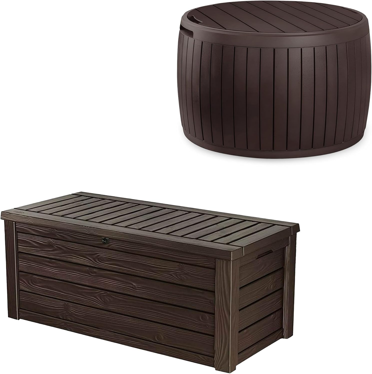 Keter Circa 37 Gal Round Patio Box Storage Table, Seating Bundled with Westwood 150 Gallon Plastic Outdoor Furniture Storage Deck Box, Brown