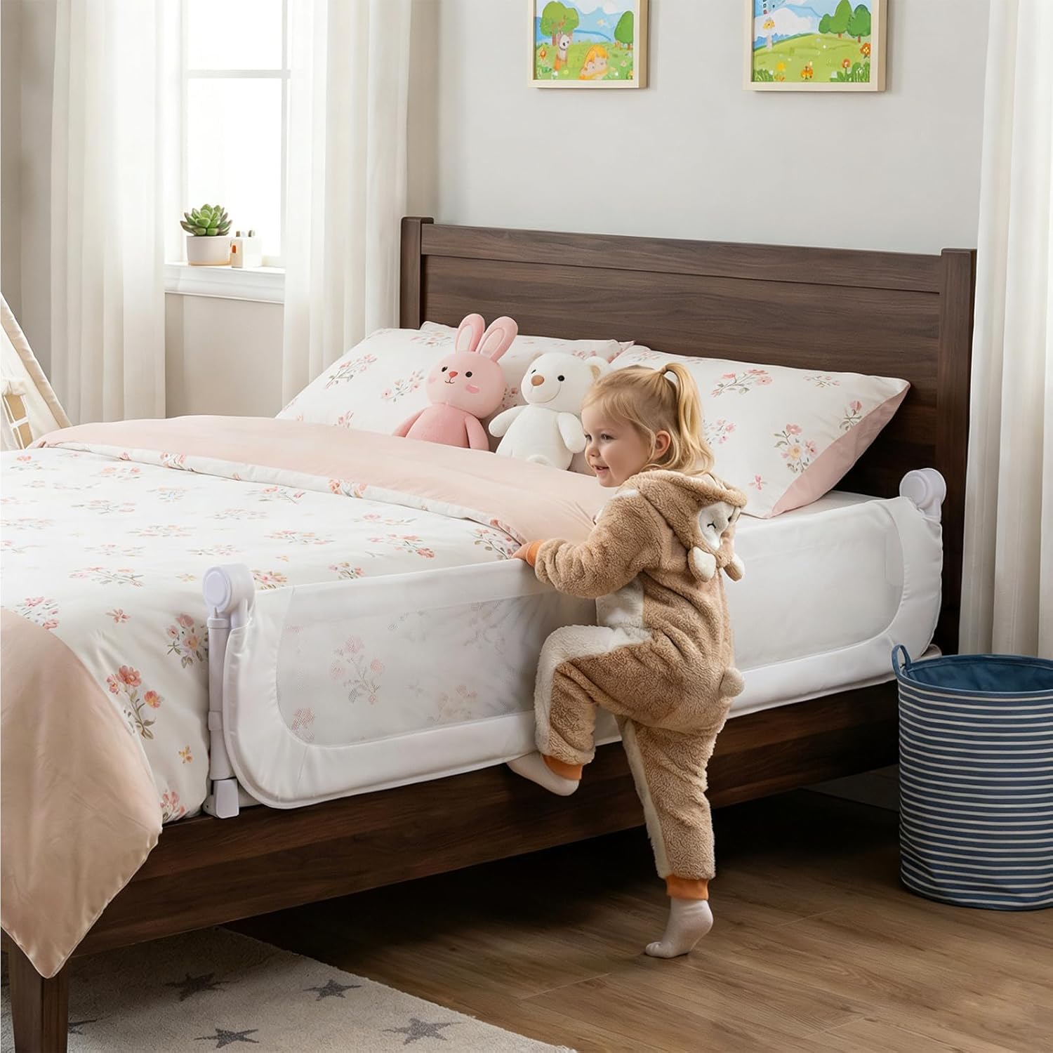 RELAX4LIFE Bettgitter Rausfallschutz, 200 x 60 cm, zusammenklappbares Bettschutzgitter, Kinderbettgitter mit Netzgewebe & Gurt, einfache Montage, für Boxspringbett, Kinderbett, Elternbett (Weiß)