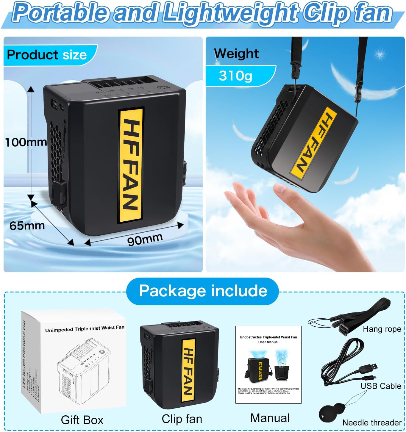 3-Intake Rechargeable Waist Fan – No Blocked Airflow 10000mAh Strong Wind Wearable Belt Fan for Outdoor Work or Travle Under Shirt Use