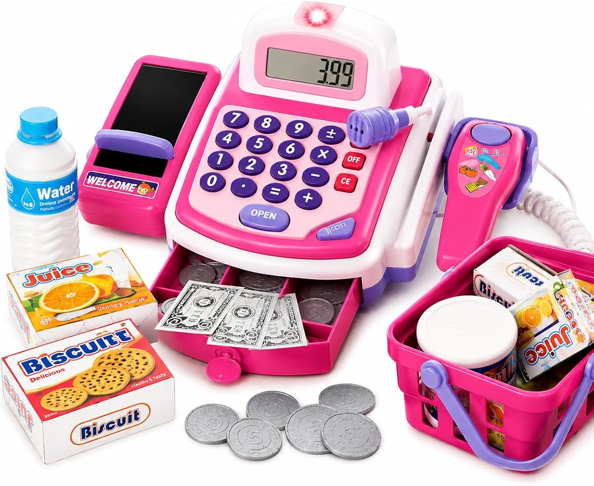 Grocery Store Pretend Play Electronic Toy Cash Register Set - STEM Cash Register for Kids with Microphone, Play Money, and Food Basket - Kids Checkout Toys with Scanner- Pink