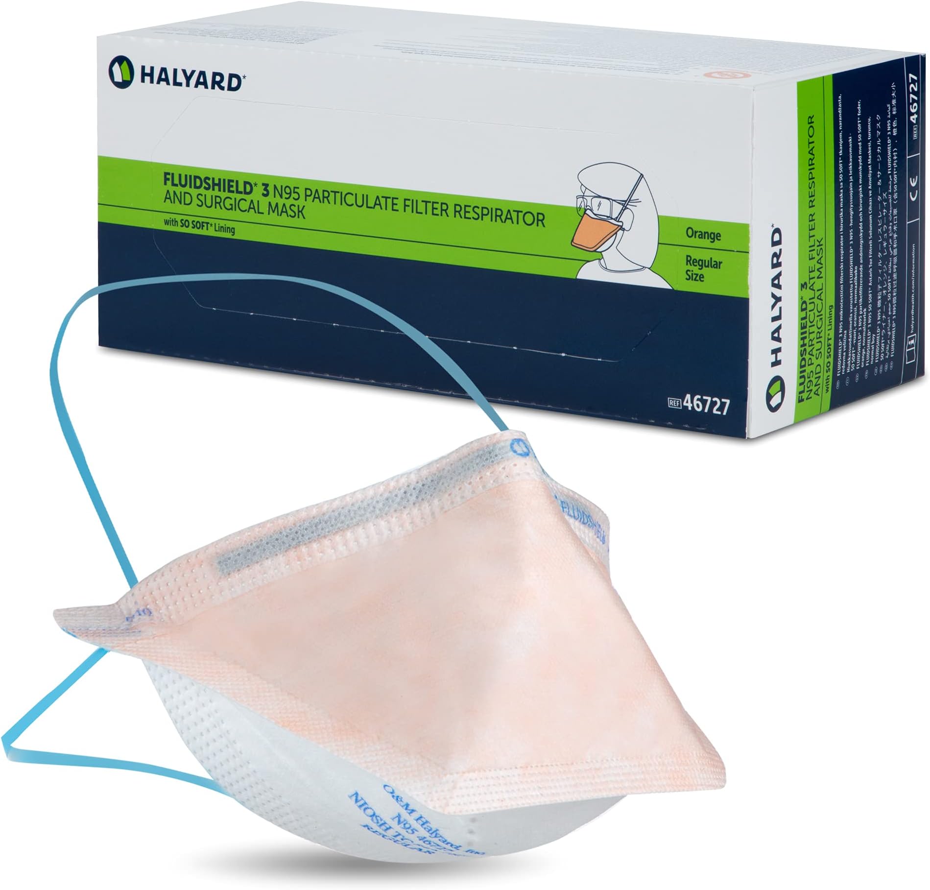 HALYARD-46727 FLUIDSHIELD N95 Particulate Filter Respirator and Face Mask, Headband, Regular Size, Orange (Box of 35)
