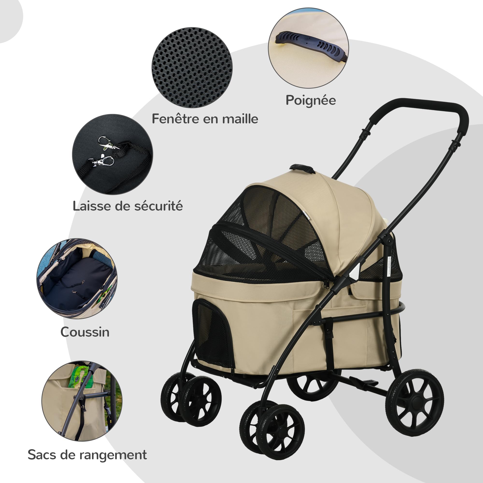 PawHut Wózek dla psa i kota 2 w 1, składany wózek dla kota z wyjmowaną gondolą, poduszką, smycz bezpieczeństwa, do 10 kg, stal 81 x 68 x 98,5 cm, khaki