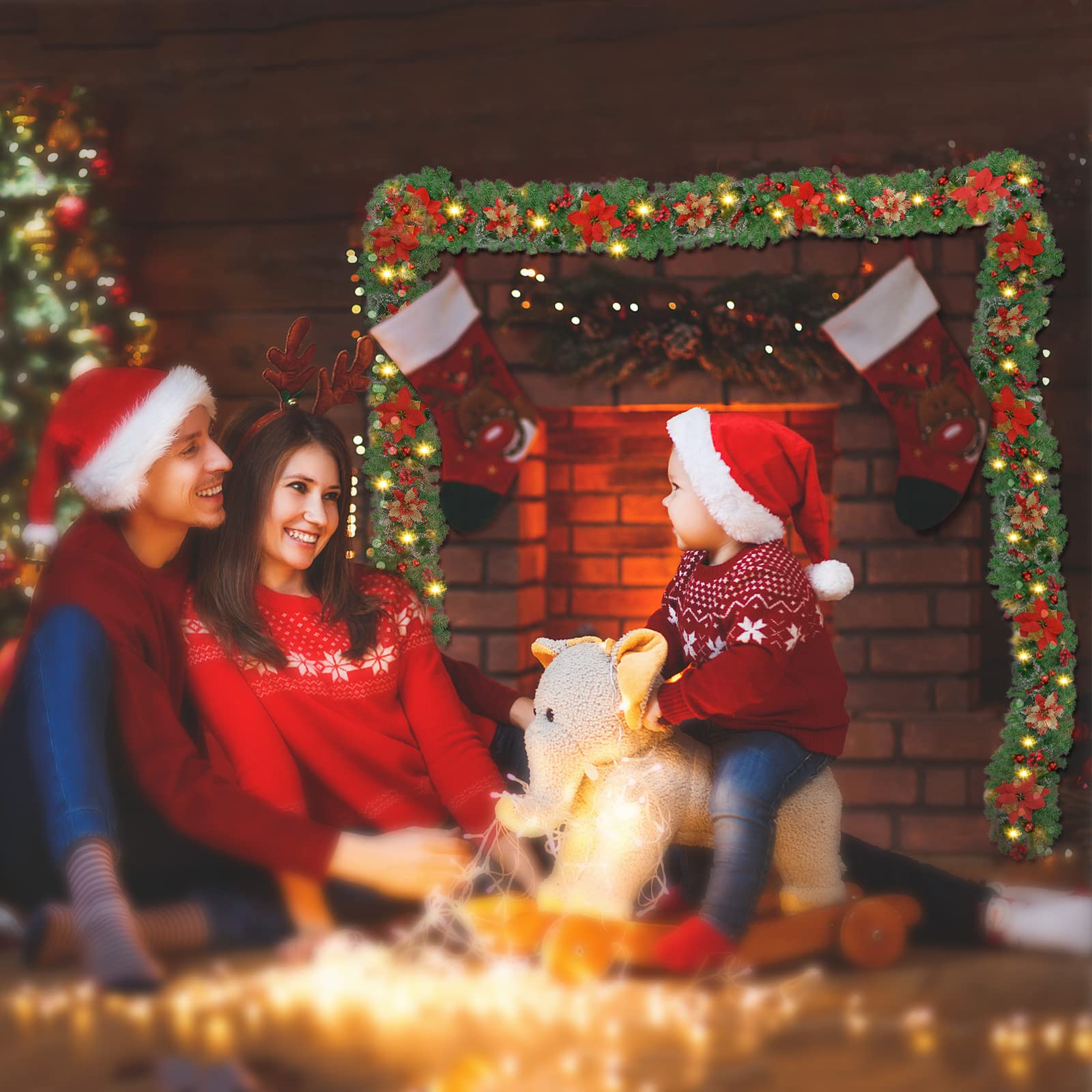Ghirlanda Natalizia, 2.7M/9 Piedi Decorazioni Natalizie Ghirlande Natalizie con Luci 30LEDs, Festone Natalizio Artificiale per Esterno & Interno, Festoni Natalizi Addobbi Natale per Porta,Camini,Scale