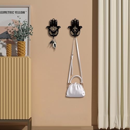 Miniatura 5 de AHANDMAKER Juego de 2 soportes para llaves de mano Hamsa, ganchos de pared con texto de adivinación para decoración de llaves de pared, colgador de
