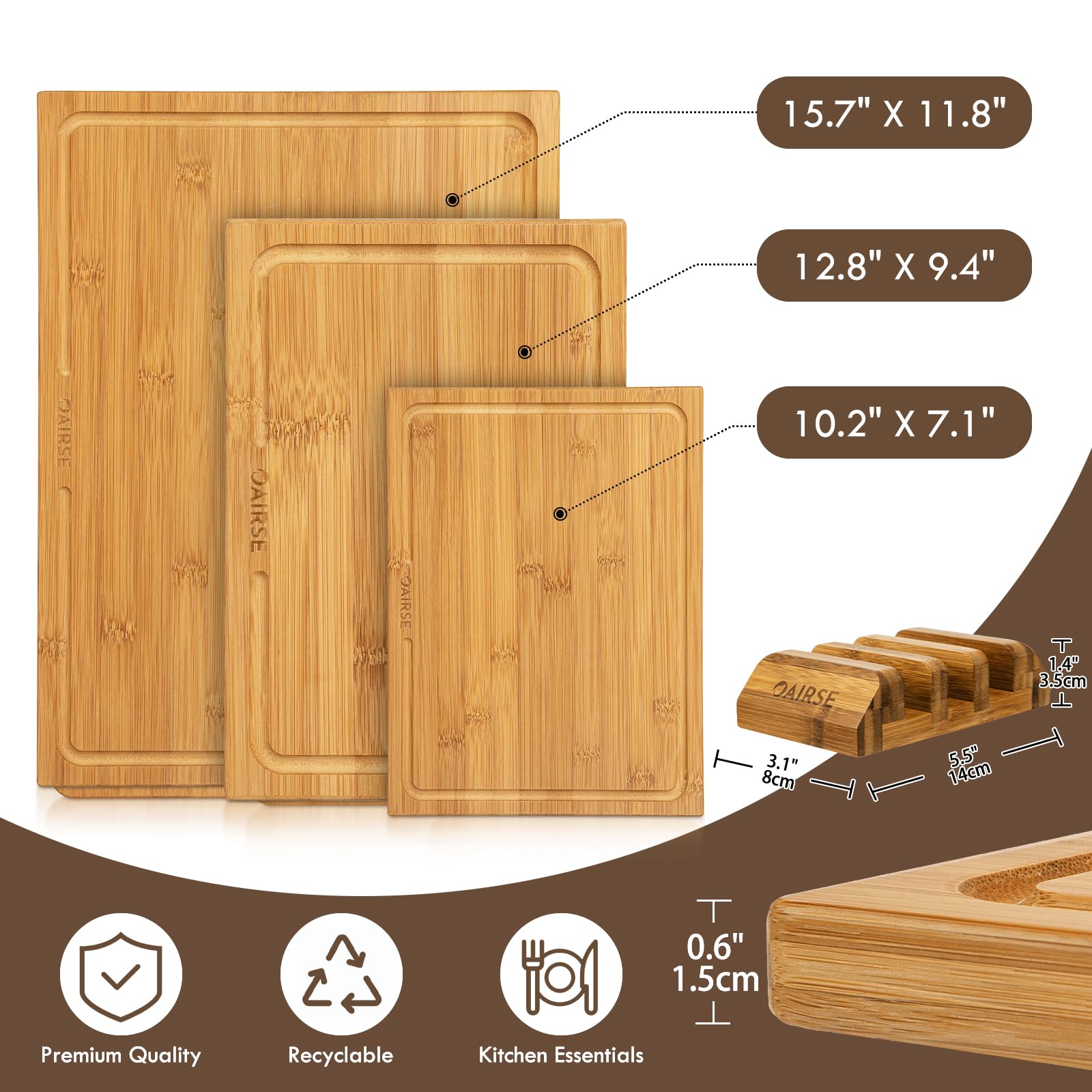 Set di 3 taglieri grandi in bambù per cucina, con scanalature per succhi e supporto, set di taglieri da cucina con supporto, tagliere in bambù per carne, verdura, frutta