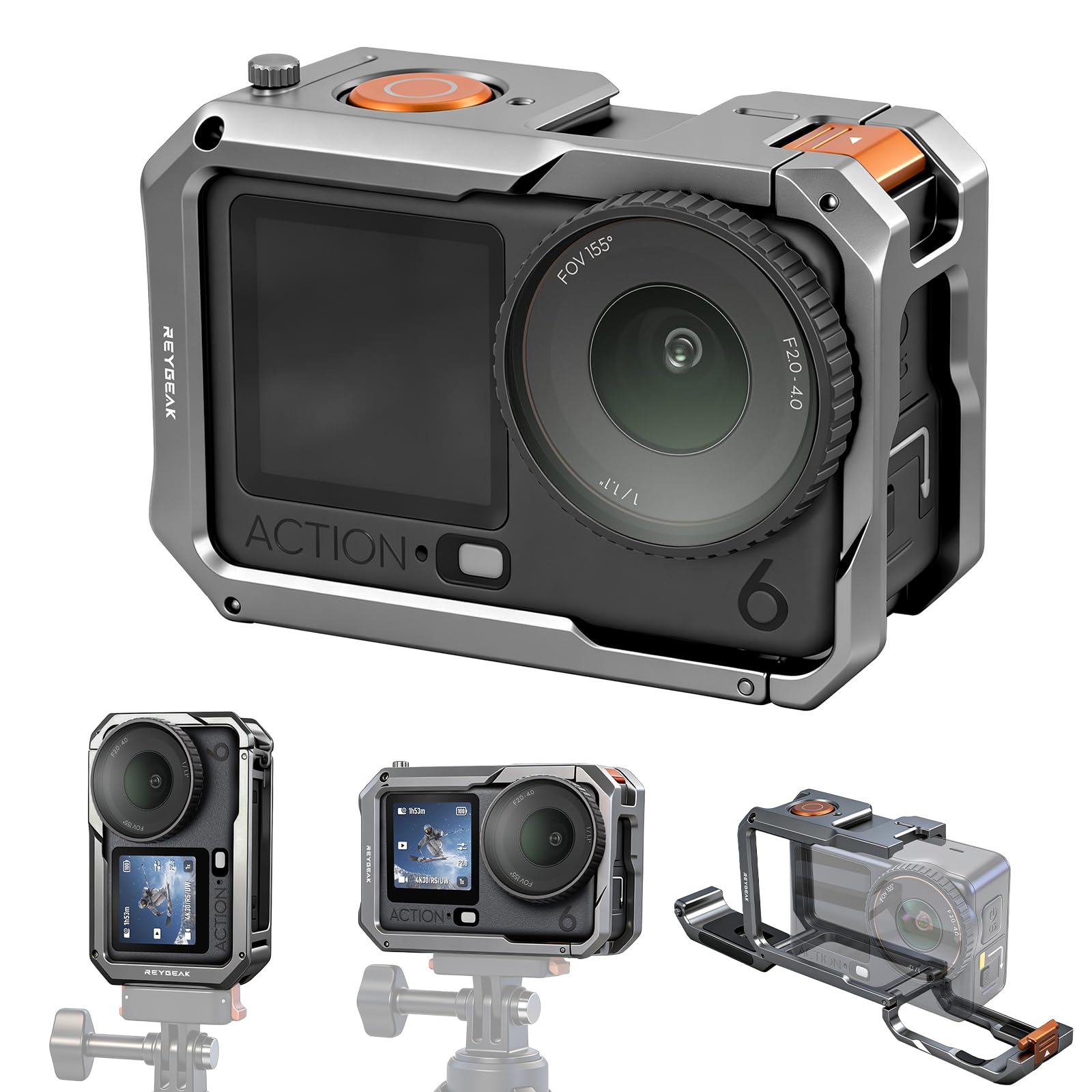Reygeak Cage en métal ultra légère pour DJI Osmo Action 6, cadre aluminium avec vis 1/4", chaussure froide, support adaptateur dégagement rapide double griffes