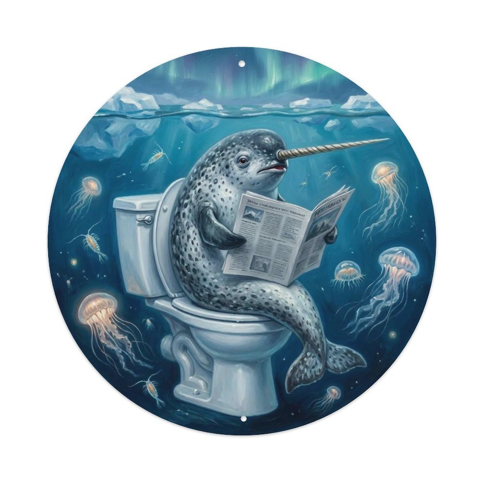 Narwhal On Toilet Humorous Bathroom Arctic Ocean Deep Metal Tin Sign