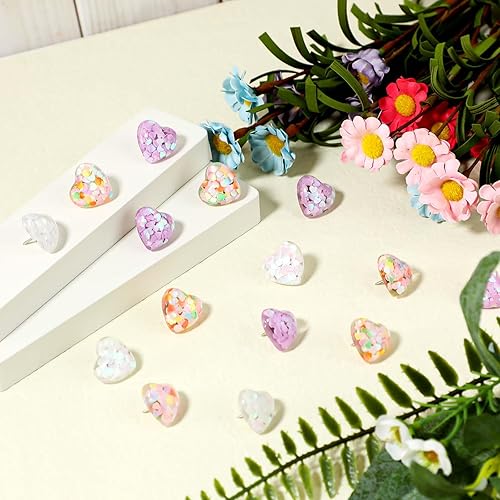 Miniatura 3 de 20 alfileres de empuje, con lentejuelas con purpurina de corazón, tachuelas decorativas para colgar en la pared, tablón de anuncios, mapas, pared de