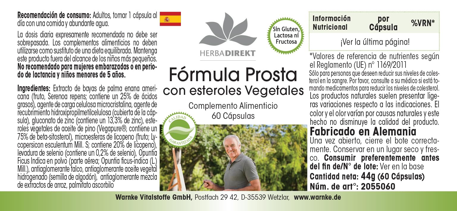 Formule Prostate – avec Stérols végétaux, Palmier nain, Zinc, Sélénium, Betasistérol & Lycopène - 60 gélules | Herba Direkt - Qualité des pharmacies allemandes