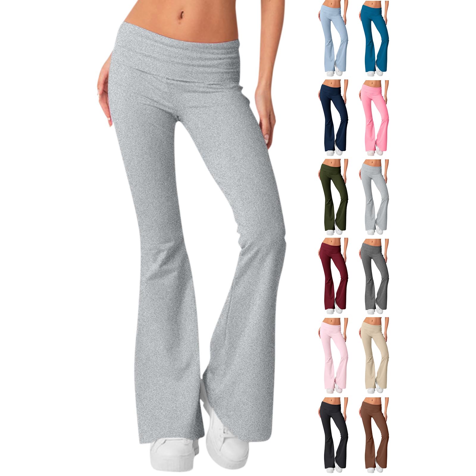 chaktkglok Flare Leggings for Women - Low Rise Fold Over Flared Yoga Pants Bootcut Leggings with Bell Bottoms - Comfy Grey Workout Pants