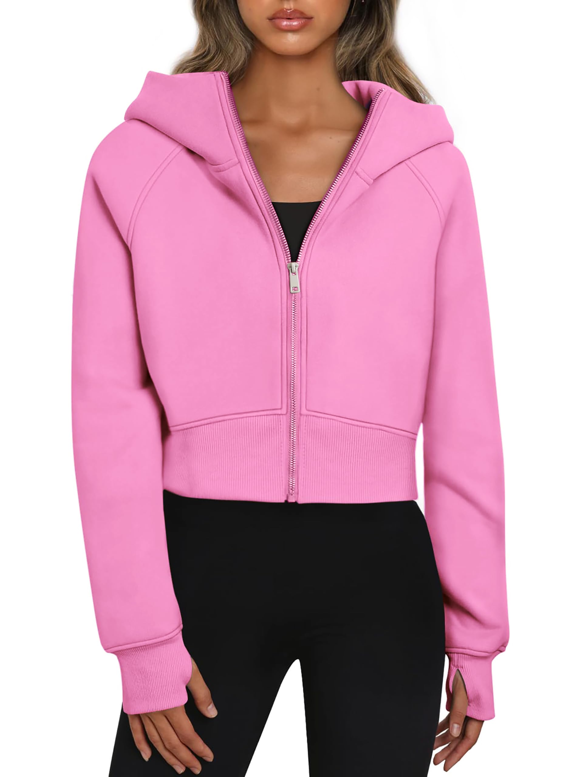Timuspo 90er Jacke Damen Langarm Zip Up Hoodie Y2k Full-Zip mit Kängurutaschen Herbst Baumwolle Kapuzenpulli Kapuzenpullover Rosa XL