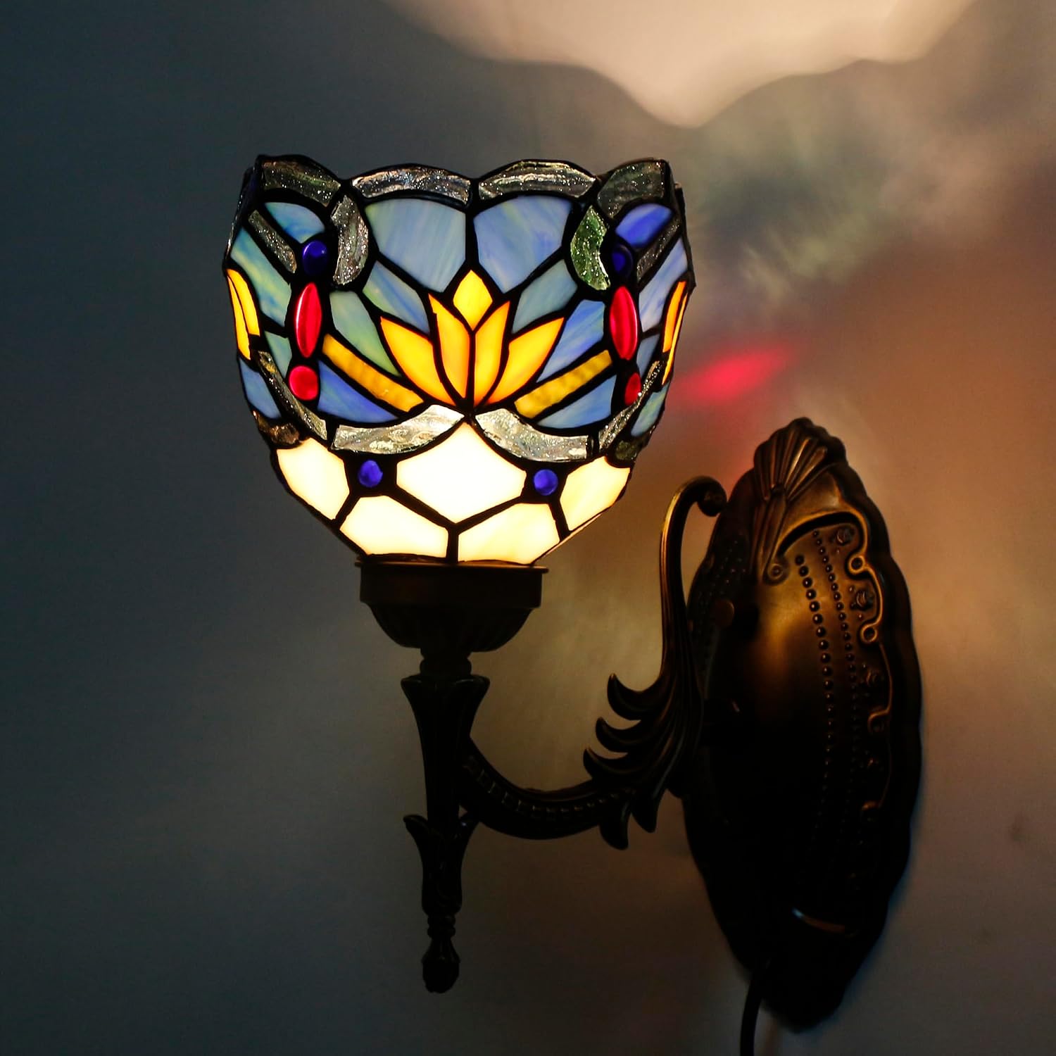 Tiffany Wall Sconce Lamp Plug in 6X8.5X11 Inch Stained Glass Wall Light Mount Fixture for Hallway Bedroom (Blue Baroque)