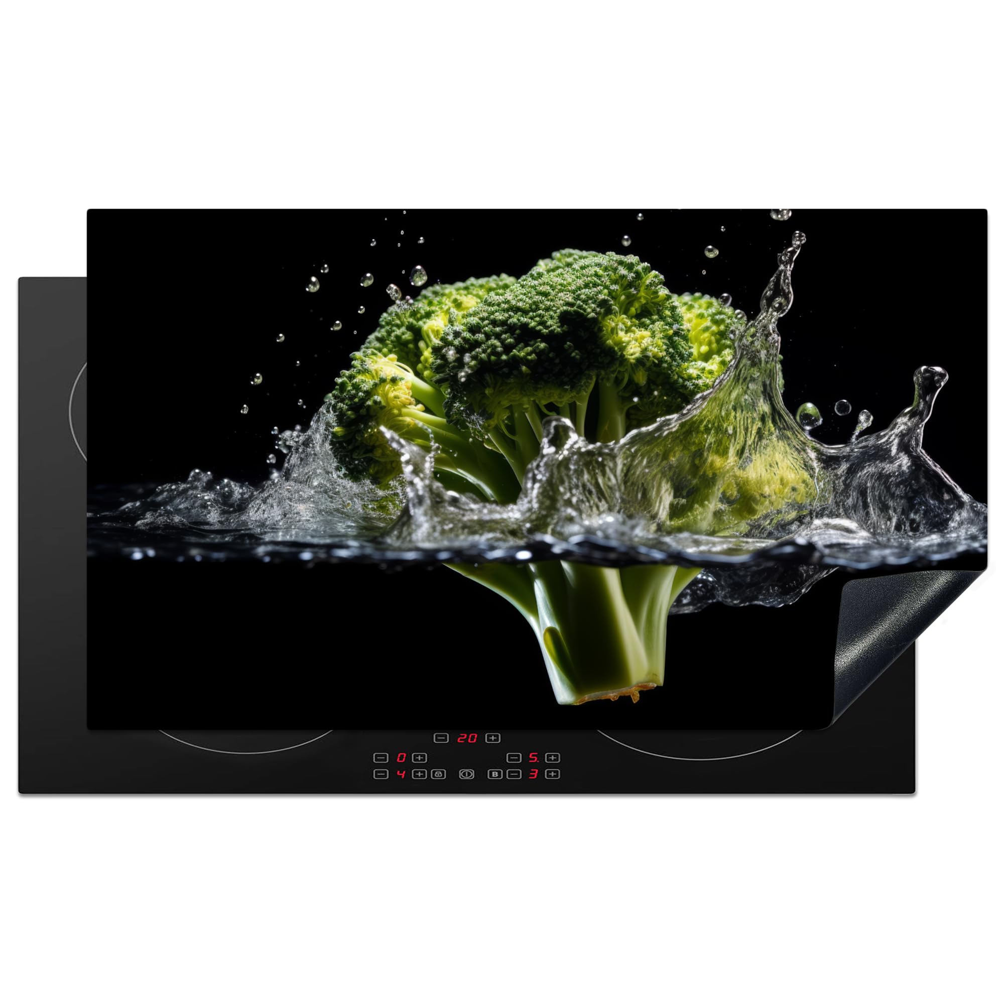 KitchenYeah© Induction Hob Protector Mat 20.3"x35.3" / 89.6x51.6 cm Cooker Top Protectors Cover Ceramic Covers Electric Hobs Vinyl Broccoli - Green - Water - Black