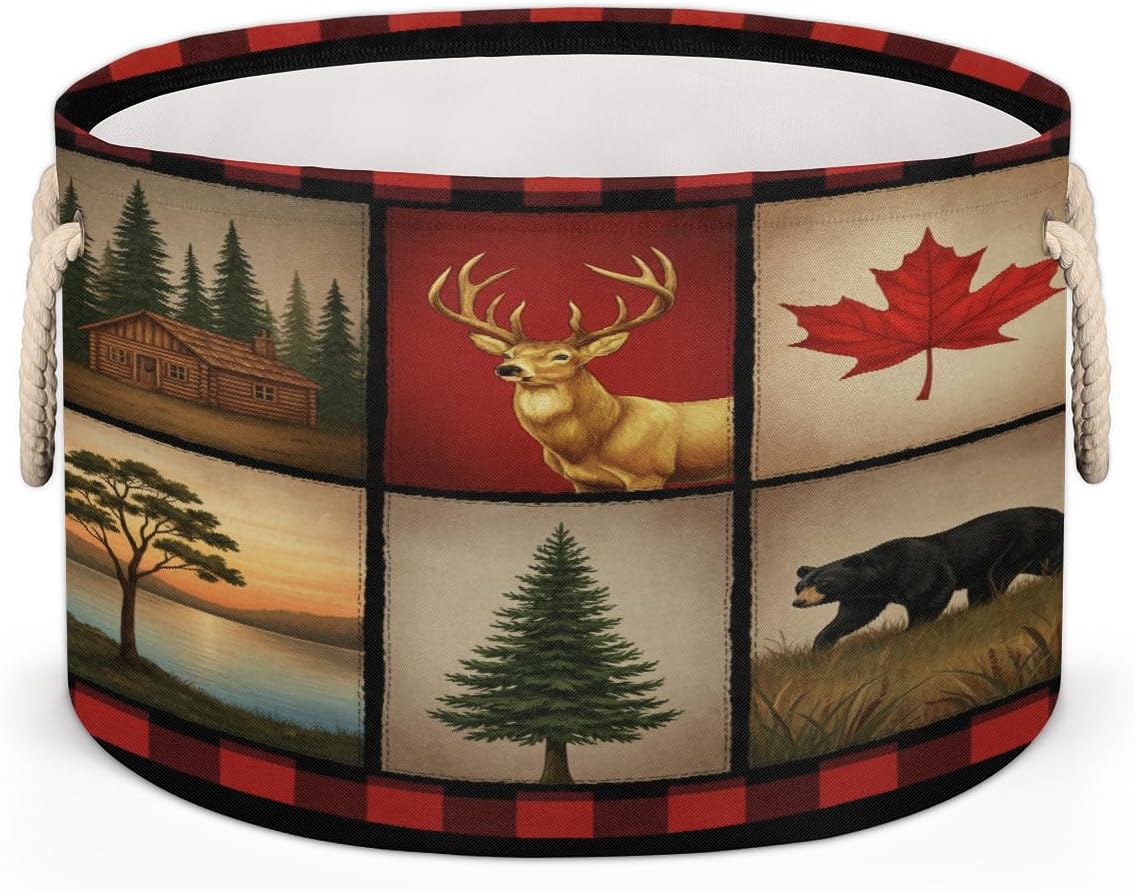 Large Storage Baskets - Retro Cabin Deer Nursery Round Collapsible Organizer Bin Box, Laundry Hamper for Kids Toys, Blanket, Bedroom Living Room Home Decor, Gift Basket, 19.4"x13.3"