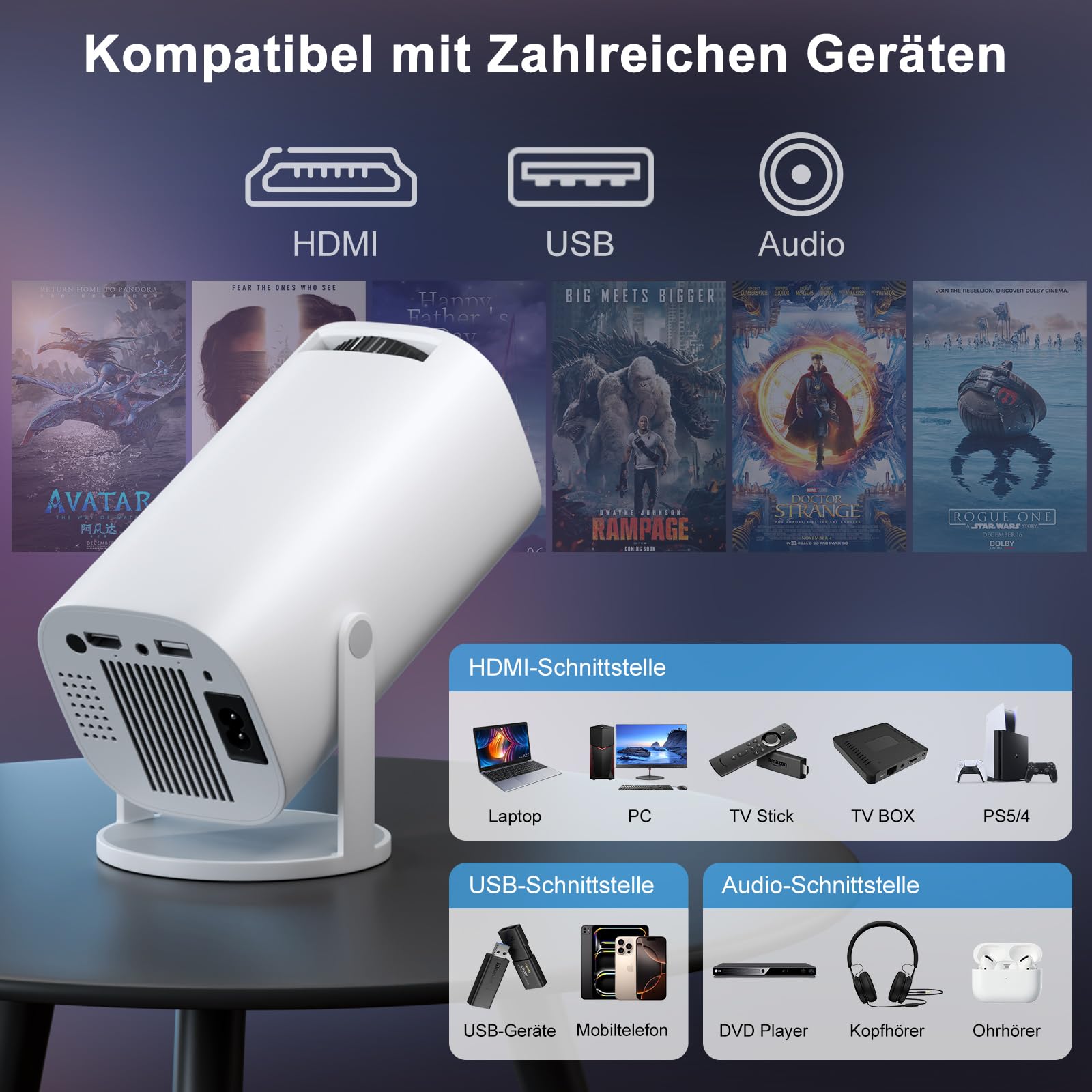 Mini proiettore Smart Full HD 1080P, piccolo proiettore home cinema con WiFi 6 e Bluetooth 5.2, supporta la correzione trapezoidale automatica, girevole a 180°, compatibile con HDMI/TV Stick/Memory