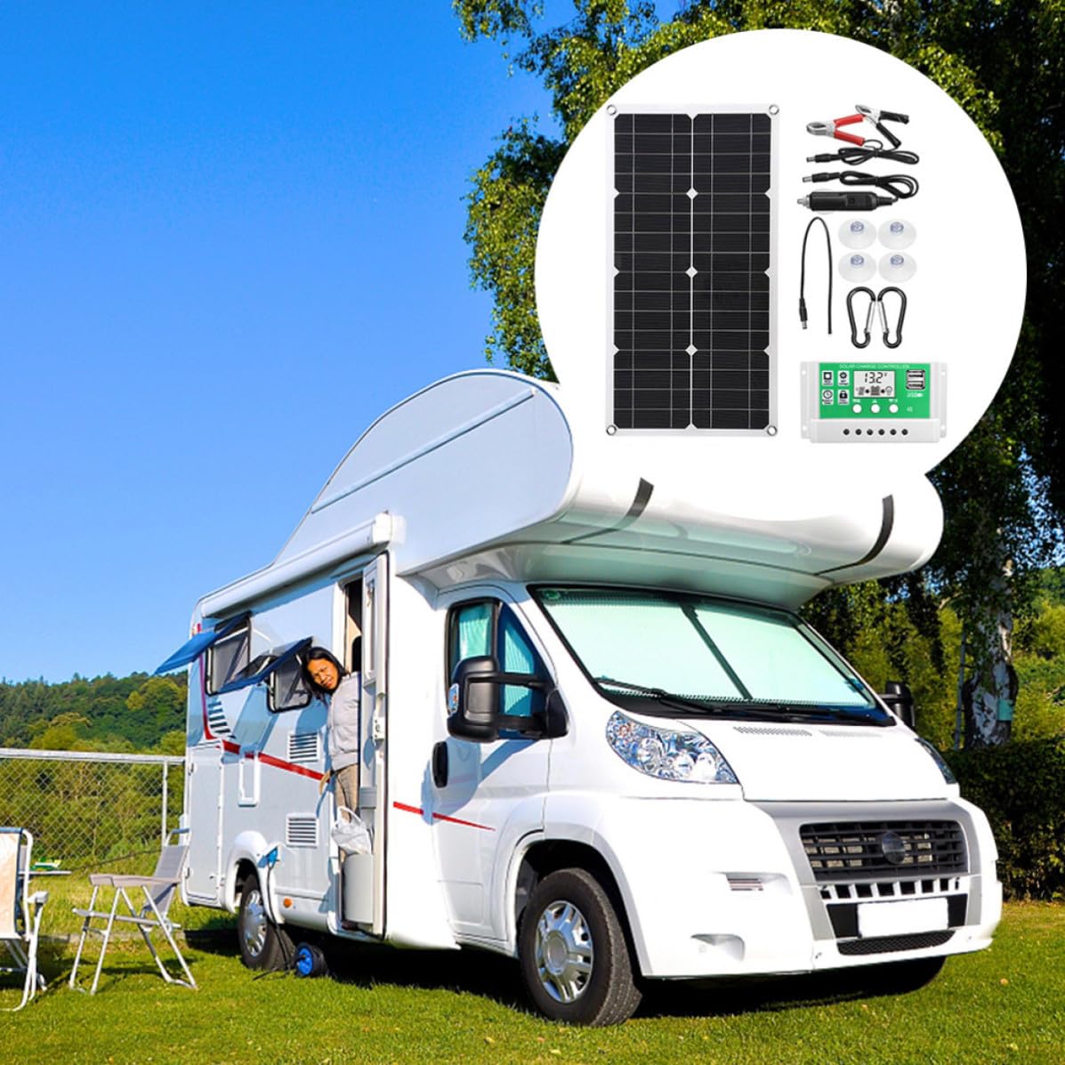 Pannello Solare 25w 18v Kit da Nero, Monocristallino | Fotovoltaico Portatile, Protezione da Cortocircuito e Sovraccarico, Atmosfera Estiva