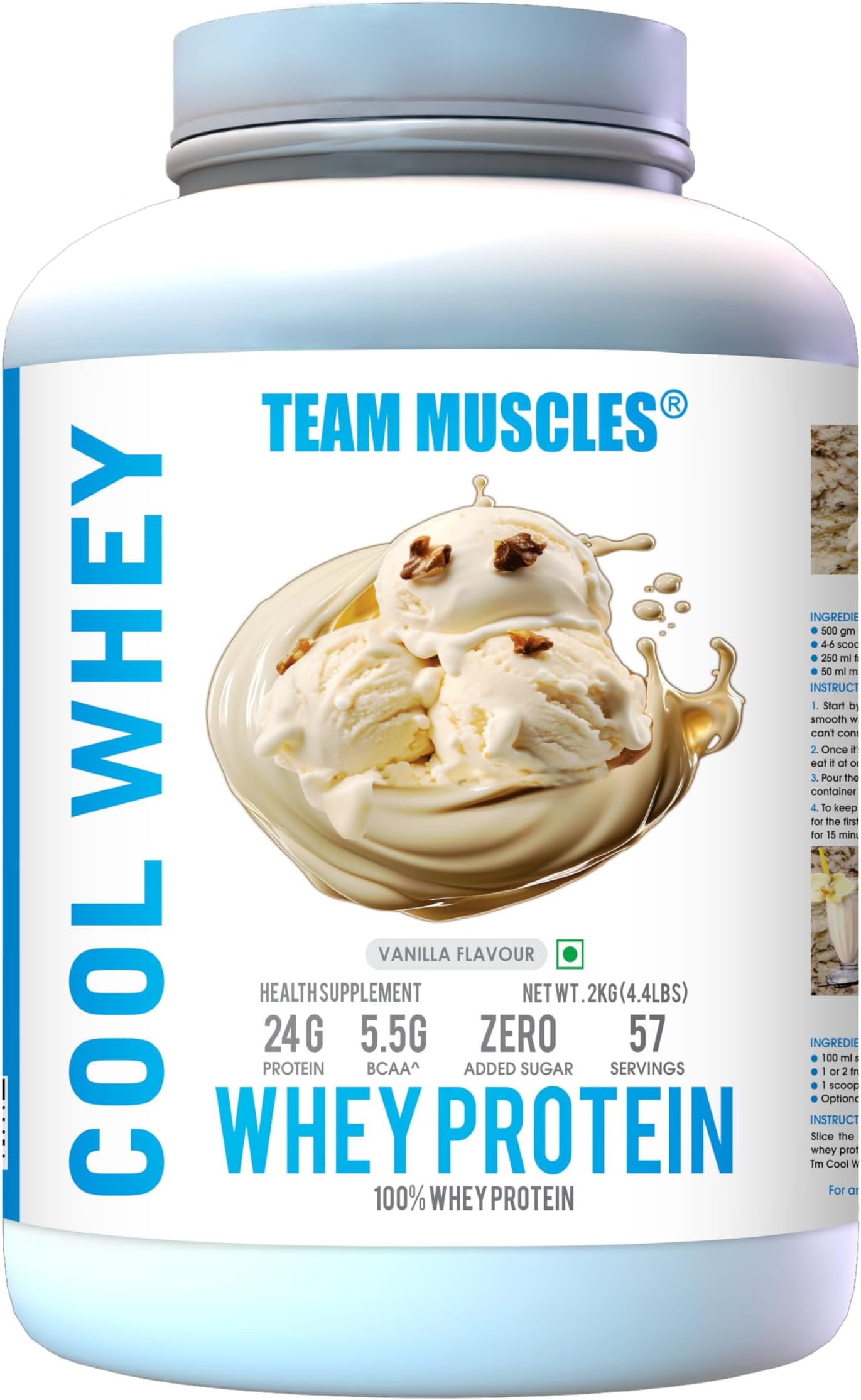 TM WITH TEAM MUSCLES Cool Whey 100% Whey Protein,2Kg,Whey Protein,Cool Whey Protein,Gold Whey,Tm Supplement(Vanilla,Po1)