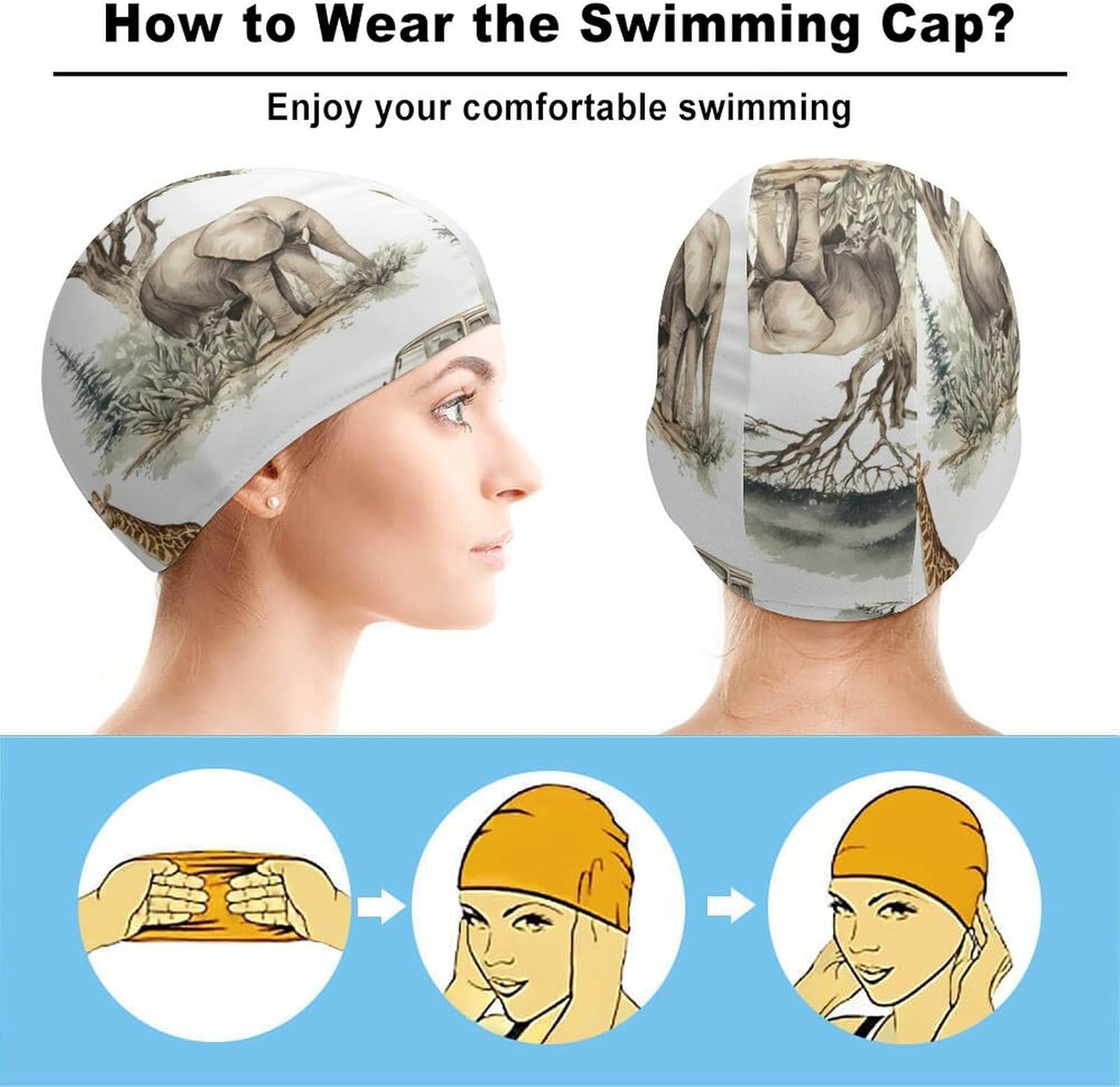 African Wild Animal Hunting Womens Swim Cap for Men Adult Swimming Hat Curly Short Medium Long Hair