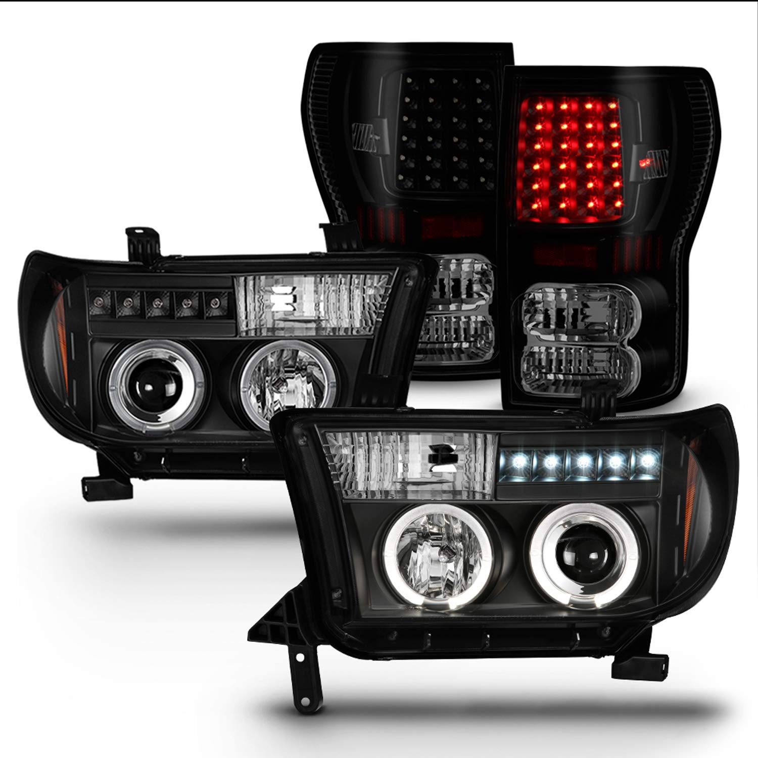 AKKON - For Toyota Tundra Black Dual Halo Ring Projector LED Replacement Headlights+Smoke LED Tail Lamp