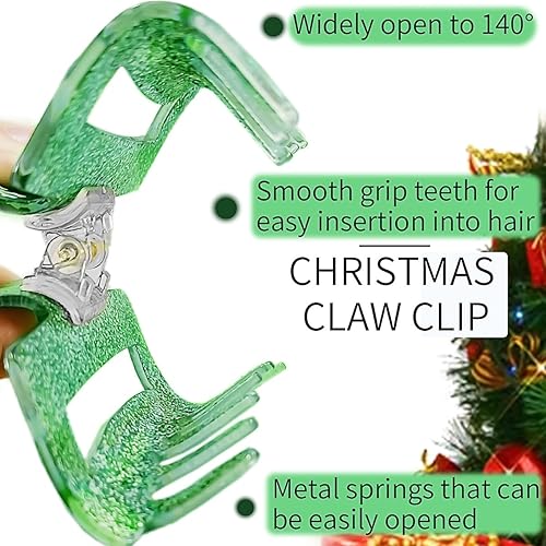 Miniatura 6 de Pinzas de pelo de Navidad para cabello grueso, lindas pinzas para el cabello con purpurina verde, diseño de sombrero de Navidad, horquilla de copo