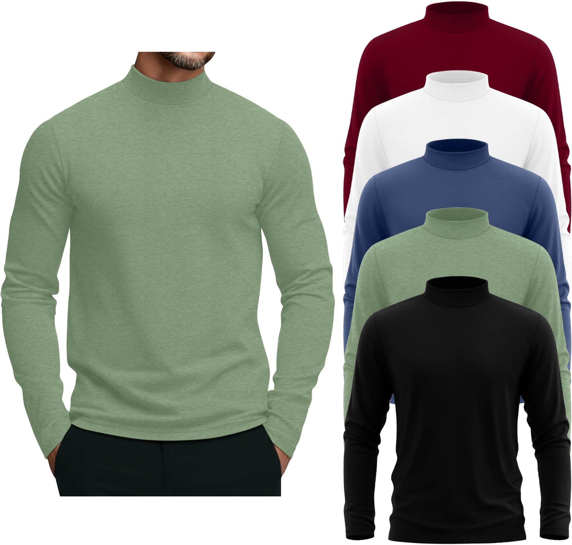 5 Pack Men's Mock Turtleneck Shirts, Long Sleeve Tops Pullover Basic Casual Slim Fit Lightweight T-Shirts Pack