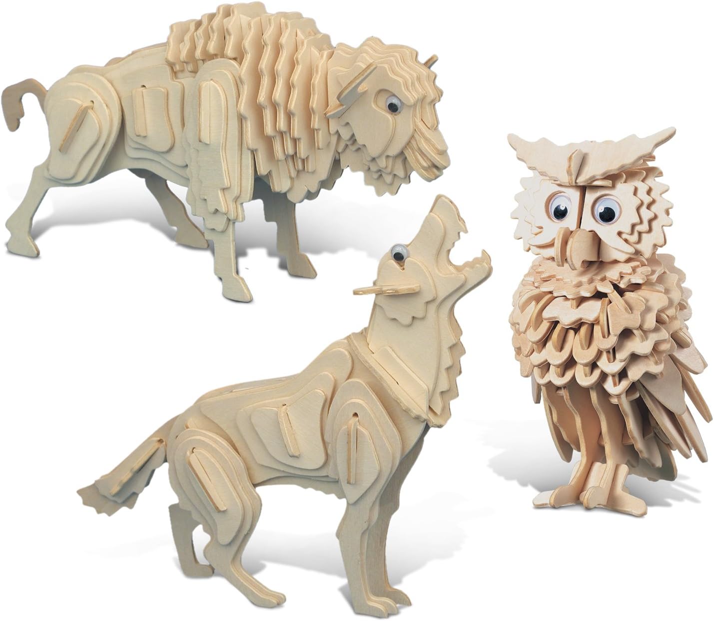 Puzzled Bundle of Owl, Wolf and Buffalo Wooden 3D Puzzle Construction Kits, Fun Unique and Educational DIY Wild Animals Toys Assemble Model Unfinished Wood Craft - 3 Pack