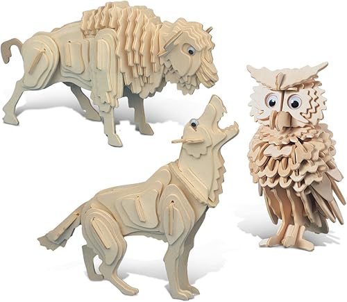Puzzled Paquete de rompecabezas 3D de madera de búho, lobo y búfalo, divertidos, únicos y educativos, juguetes de animales salvajes, ensamblar