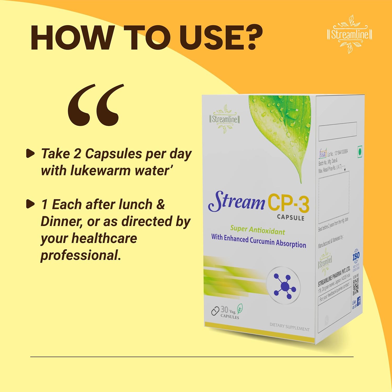 Streamline Stream CP-3 Curcumin Capsules with Piperine | Antioxidant & Anti-inflammatory Properties | Ayurvedic Bone & Joint Support | Overall Wellness | Curcumin 400Mg | 30 Veg Capsules | Pack of 2