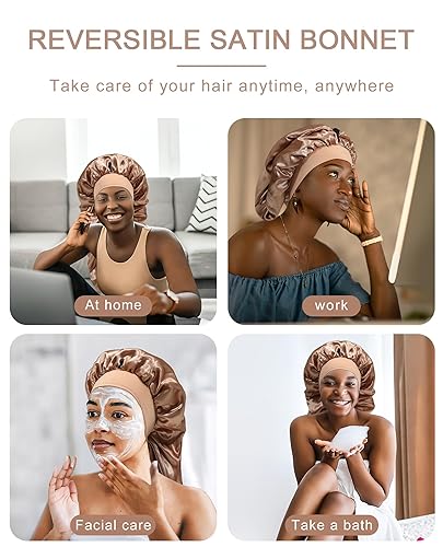 Miniatura 5 de AWAYTR Gorro largo de satén para mujer, gorro de seda de 2 capas para trenzas, gorro de dormir elástico con banda ancha (champán)