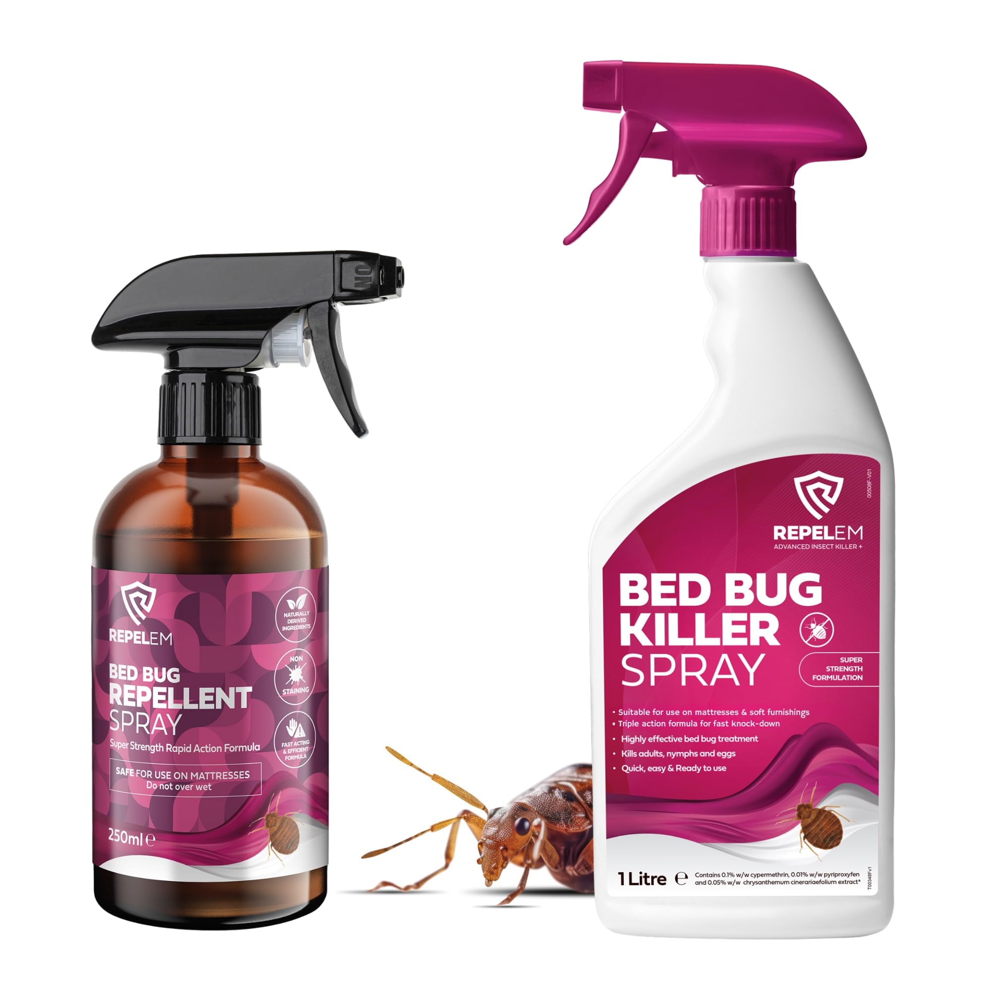 REPELEM Bed Bug Killer Spray - Large 1L Bed Bug Spray, Kills Bedbugs at All Life Stages, All in One Treatment for Use on Mattresses, Soft Furnishings (Bed Bug Killer & 250ml Repellent)