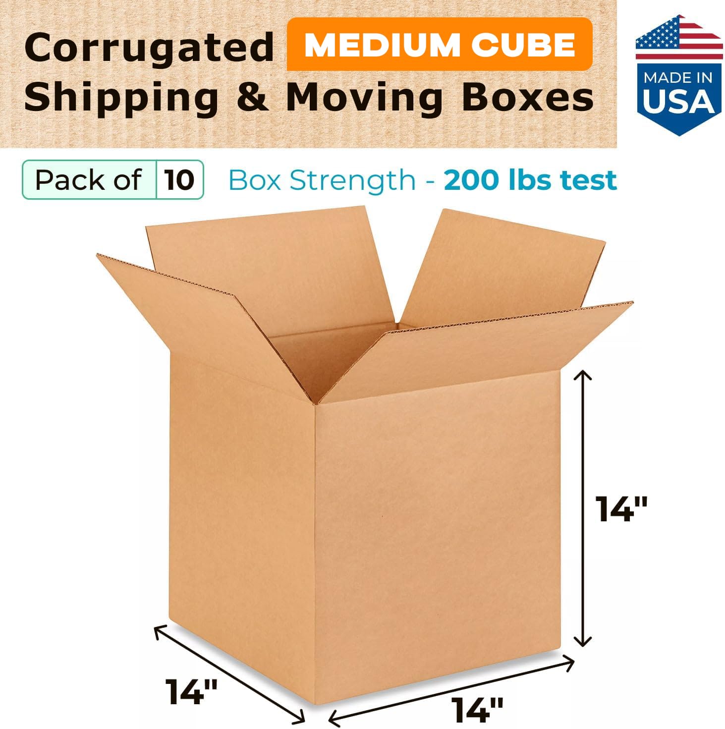 Medium Cube Moving & Shipping Boxes 14x14x14 inches (10-Pack) - Extra Strength 200 lb vs Regular - USA-Made Corrugated Strong Packaging Boxes - Cardboard Box for Shipping - Medium Box by IDL Packaging