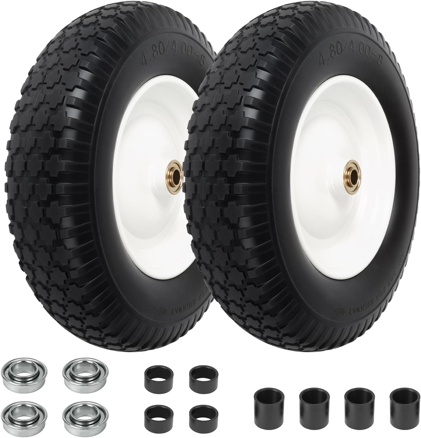 4.80/4.00-8" flat free wheelbarrow tire and wheel 16 inch universal replacement with 5/8" & 3/4" bearings for garden cart, hand truck, trolley, wagon, 2 pack