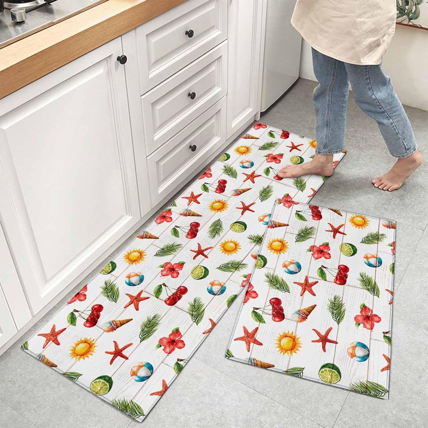 Kitchen Mats for Floor Summer Ice-Cream Cherry Starfish Washable Non Slip Kitchen Rugs 2PCS, Farm Wood Board Absorbent Standing Mats for Sink Bathroom Office Living Room 15.7x23.6in+15.7x47.2in
