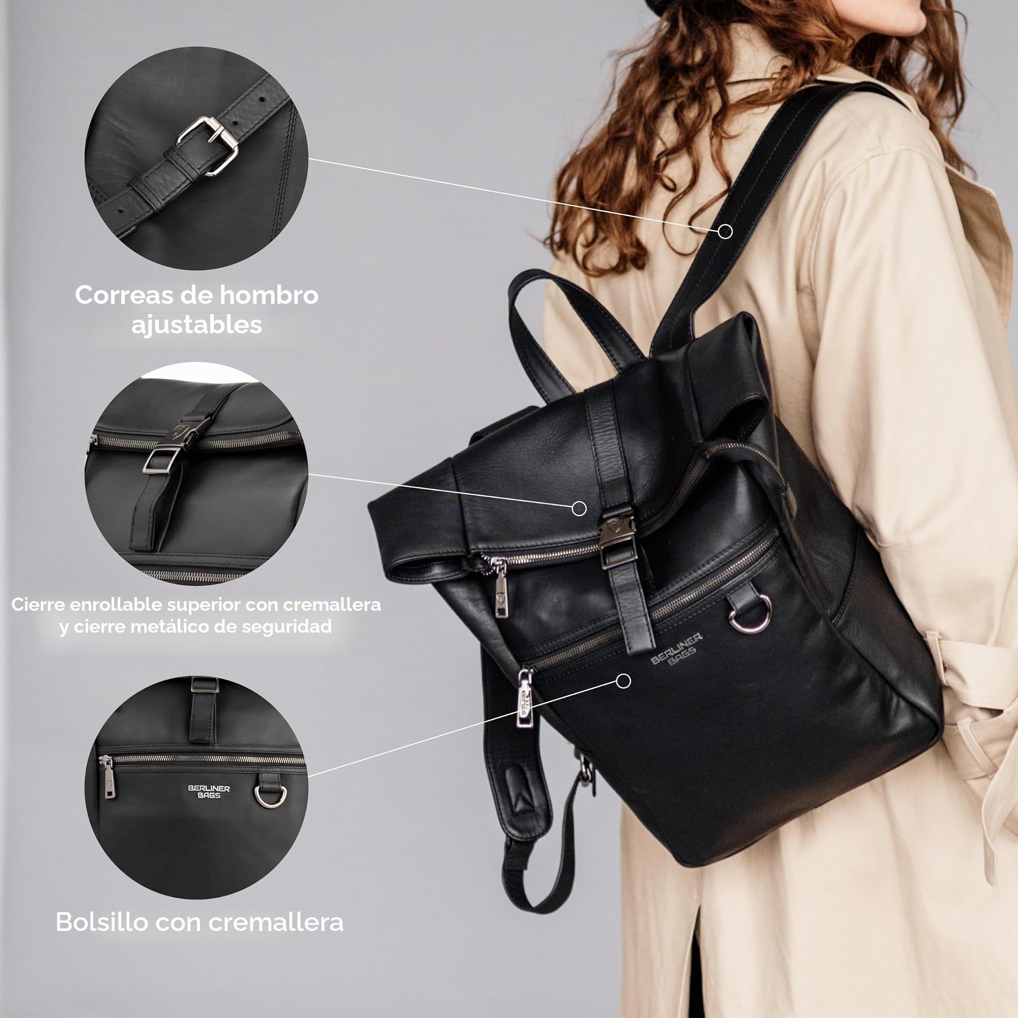 Berliner Bags Harlem Mochila de Piel Auténtica Impermeable con Diseño Rolltop y Funda para Portátil de 15”, Mochila Ejecutiva para Hombre y Mujer – Negro