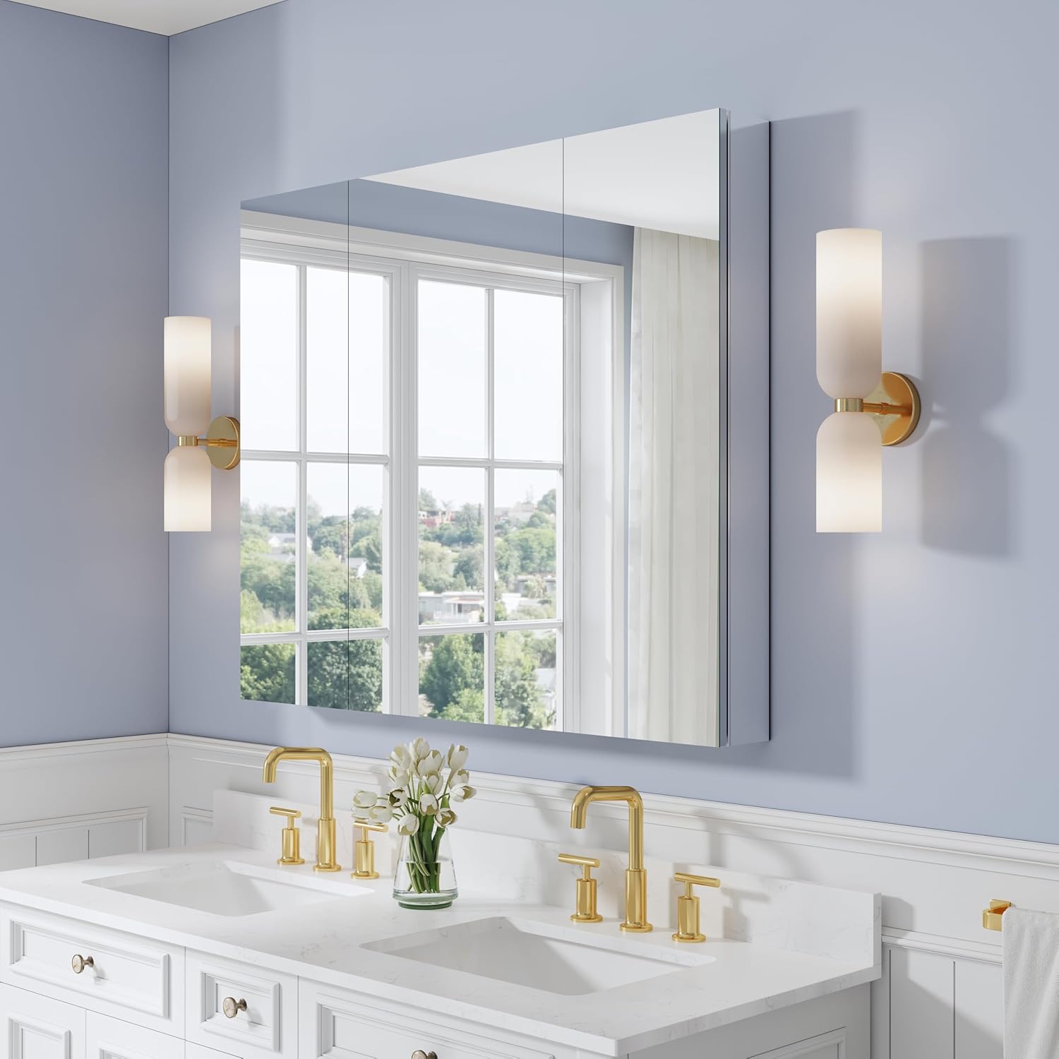 WELLFOR 44" x 36" Bathroom Medicine Cabinet with Mirror, Anodized Chrome Aluminum Frame, Surface Mount or Recessed Medicine Cabinet with Mirror, Bathroom Mirror with Storage, Three Doors