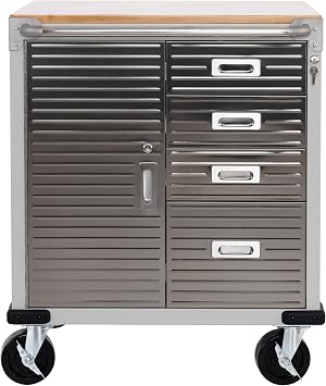 Seville Classics UltraHD Heavy Duty Rolling Cabinet Workbench Table w/Solid Wood Top, Workstation for Garage, Office, Workshop, Granite, 1-Door, 4-Drawer 28" W x 25" D