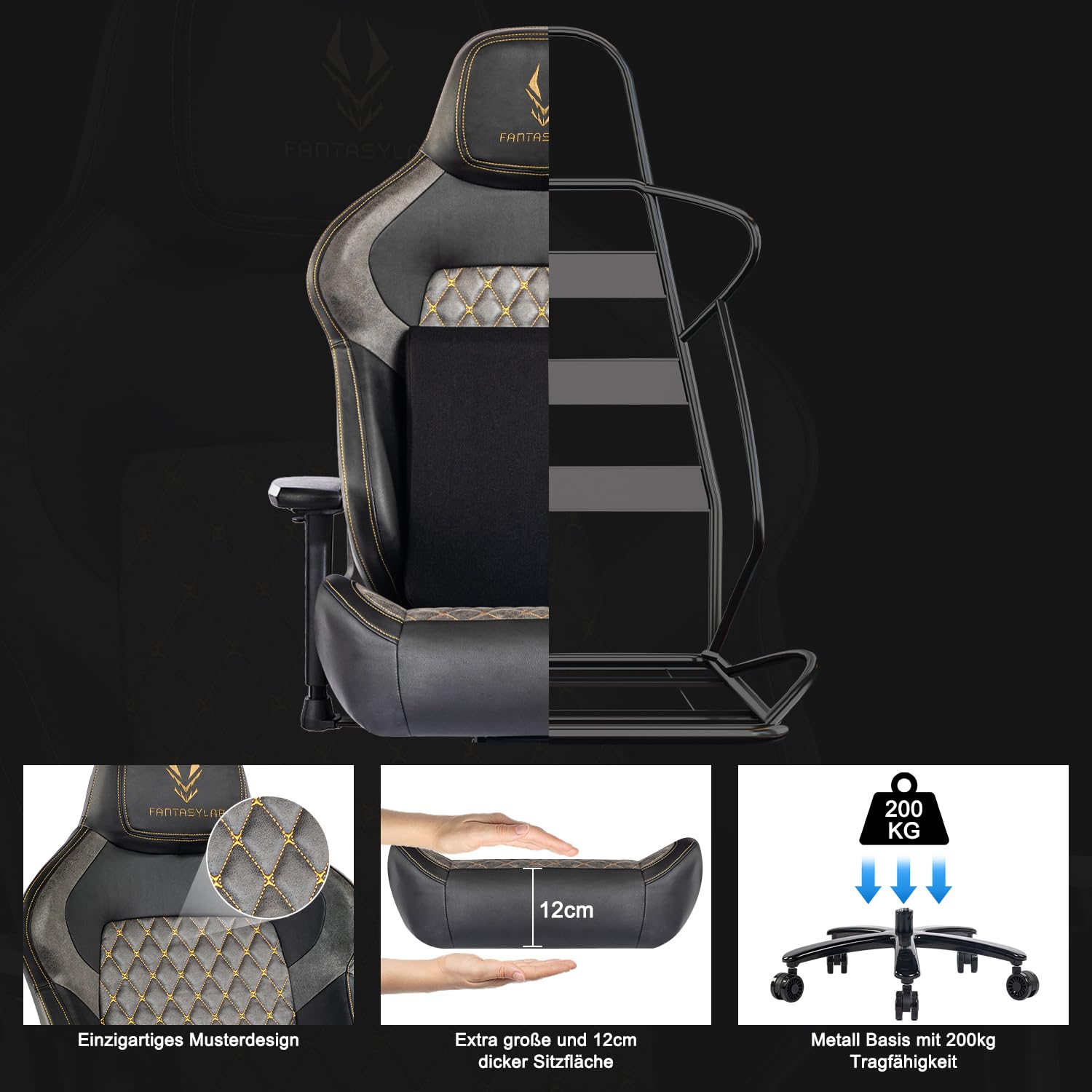Fantasylab Gaming Stuhl 200KG Belastbarkeit Bürostuhl 200KG Verstellbare Armlehne 4D Gamer Stuhl mit Lendenwirbelstütze Chefsessel Ergonomischer Schreibtischstuhl Schwarz/Grau