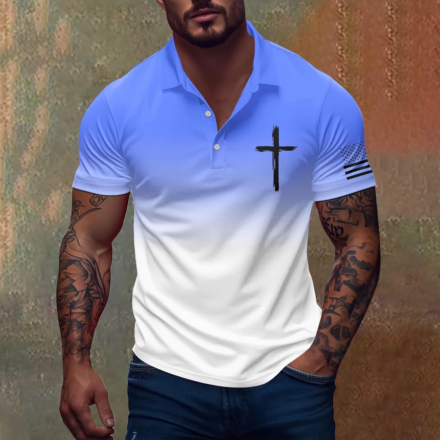 Men's Polo Shirts Short Sleeve Gradient Christian Jesus Faith Cross American USA Flag Golf T-Shirts Casual Work Tops