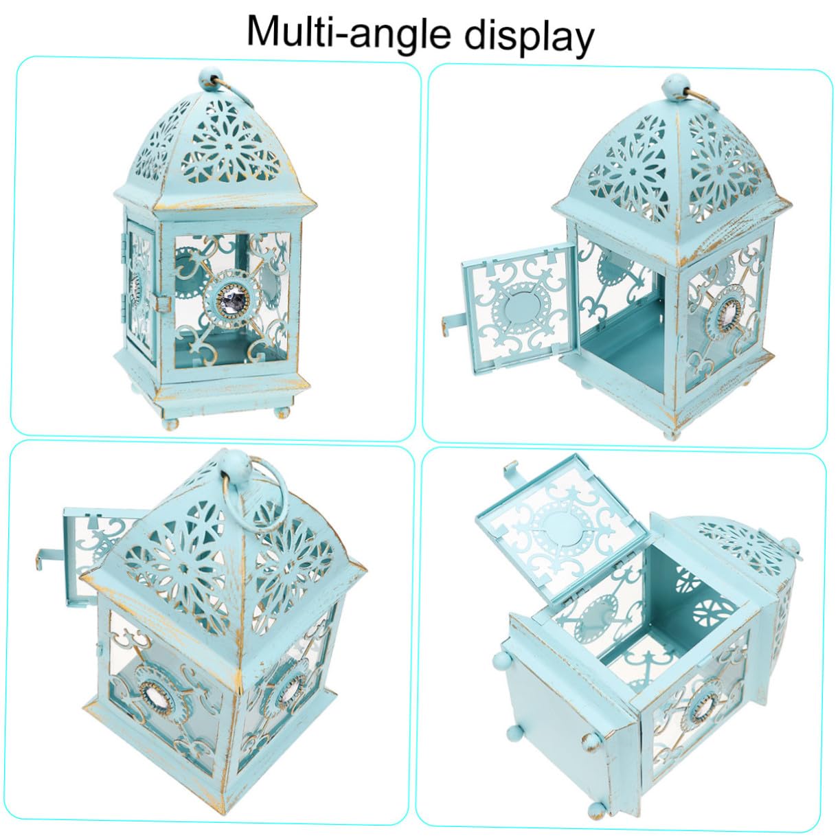 Linterna Portavelas de Hierro Azul Rústica y Portátil para Decoración de Mesa y Entrada en Bodas y Eventos Obsequios