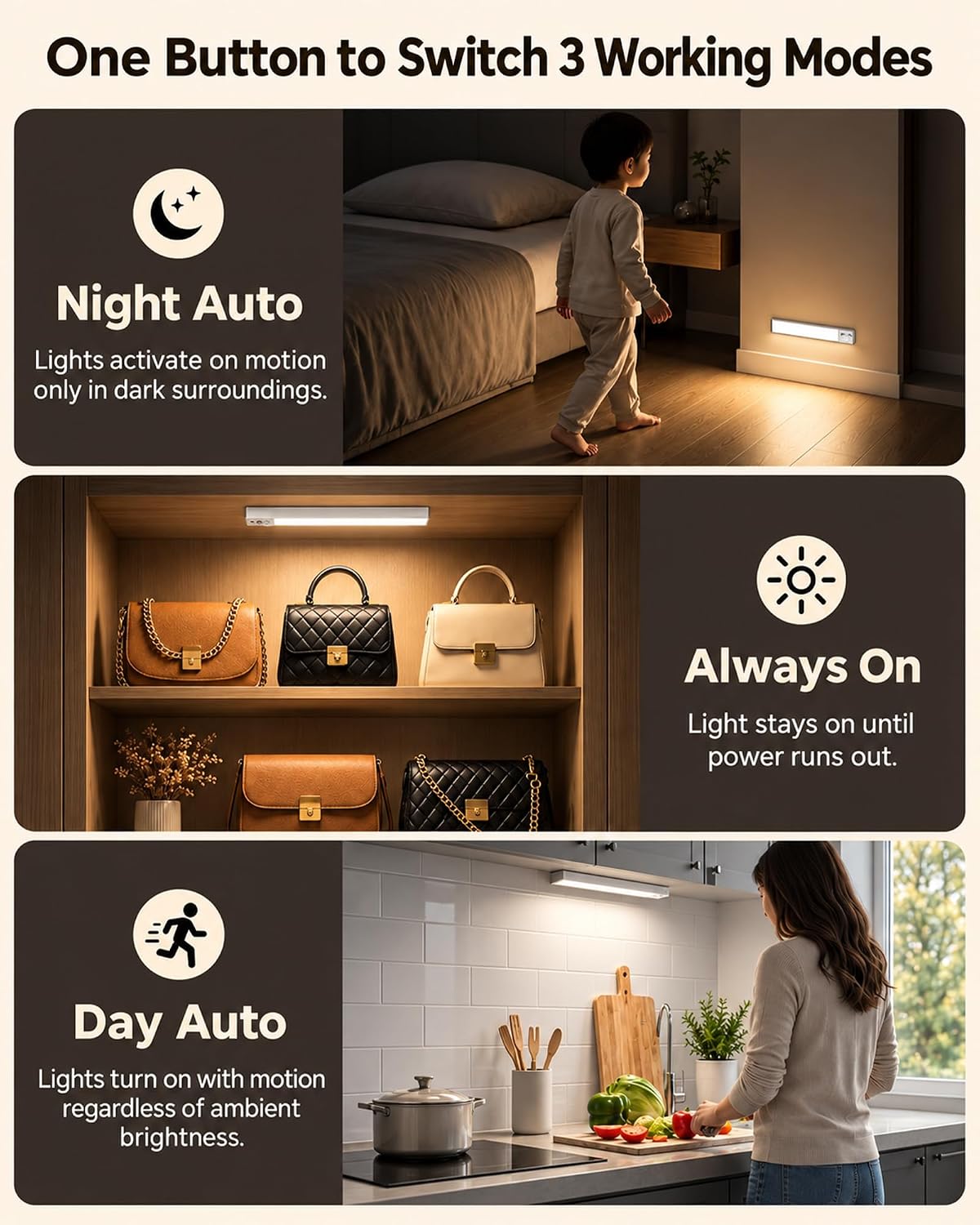 3-Pack Under Cabinet Lighting with Charging Base, Aluminum Housing